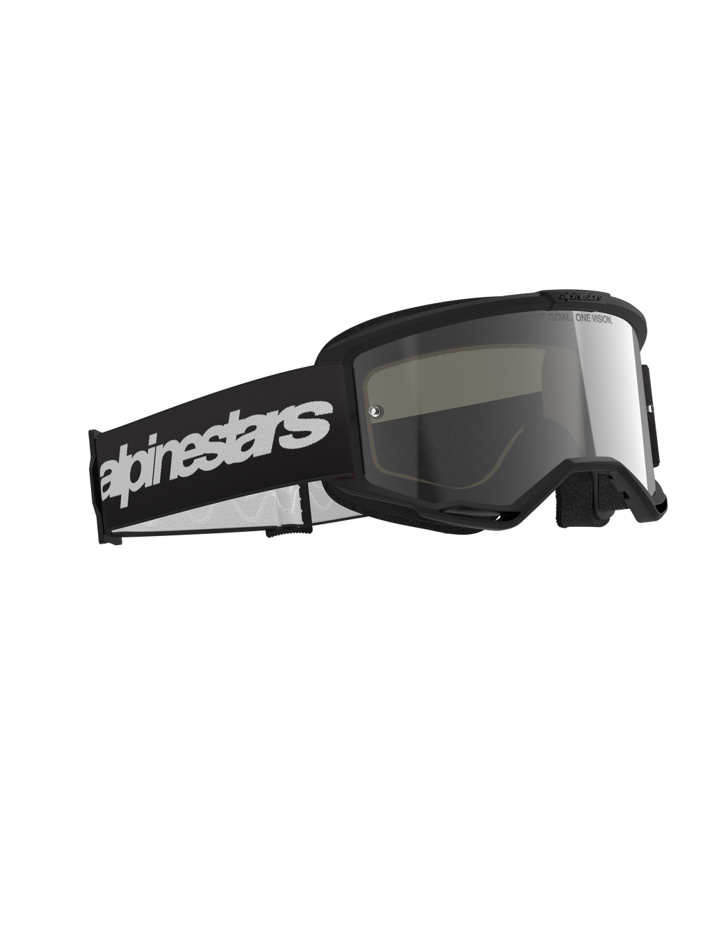 Alpinestars Vision 3 Wordmark Goggles, occhiali da motocross, montatura nera con lente Mirror Silver, ampia fascia nera con logo Alpinestars bianco, eleganti occhiali protettivi per corse fuoristrada