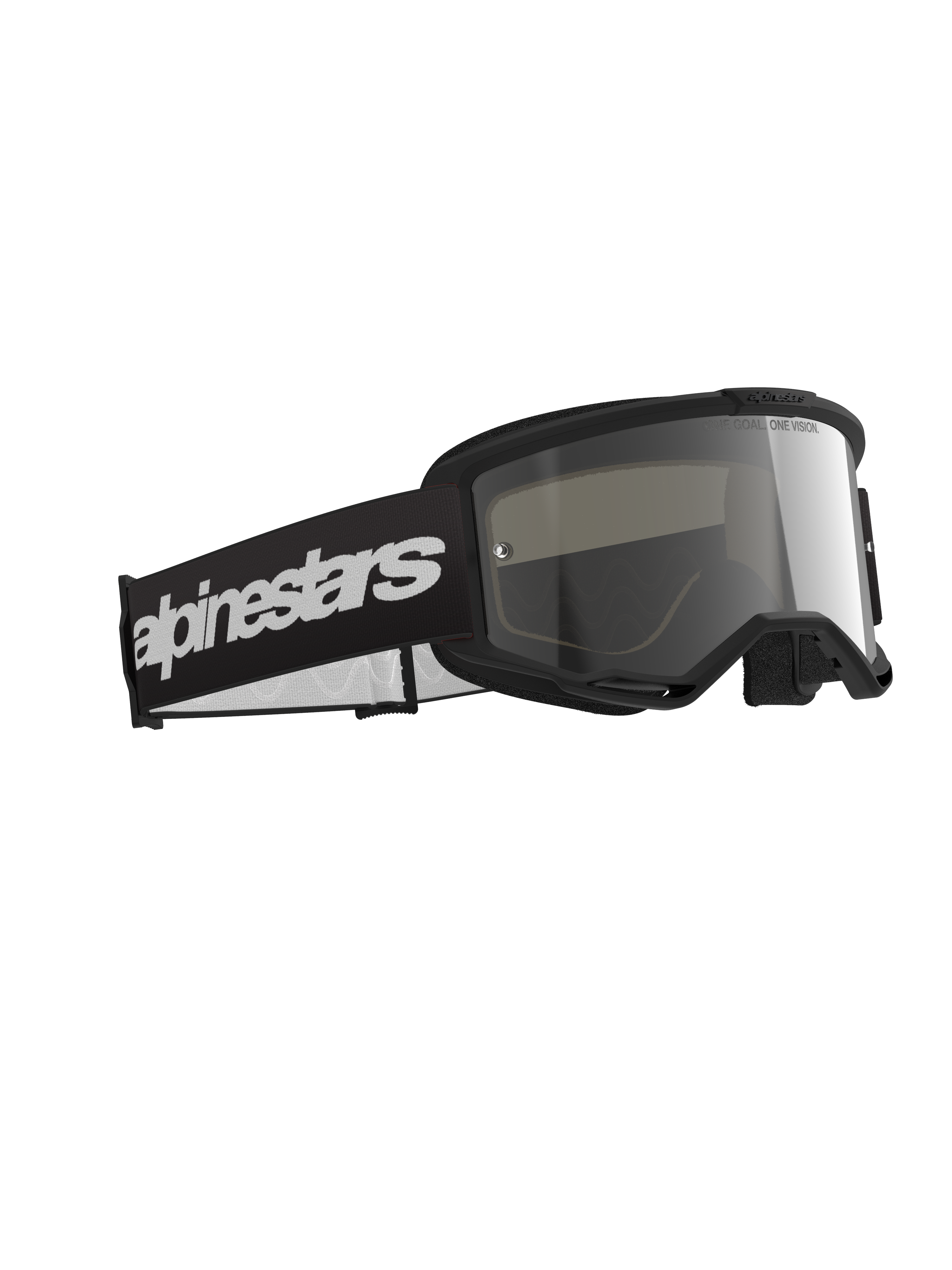 Alpinestars Vision 3 Wordmark Goggles, occhiali da motocross, montatura nera con lente Mirror Silver, ampia fascia nera con logo Alpinestars bianco, eleganti occhiali protettivi per corse fuoristrada