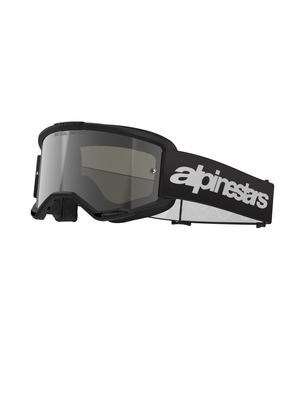 Alpinestars Vision 3 Wordmark Goggles, occhiali da motocross, nero e argento specchiato, lente ampia color argento, fascia nera regolabile con logo wordmark bianco, montatura con rivestimento in schiuma e fori di ventilazione, progettati per il fuoristrada