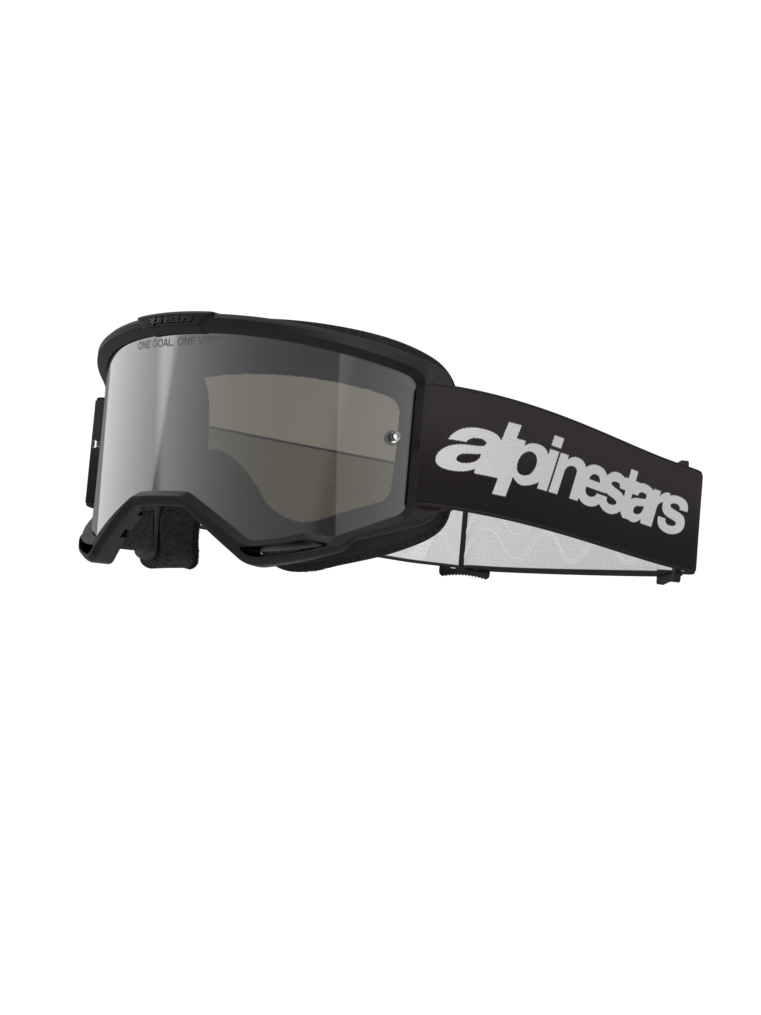 Alpinestars Vision 3 Wordmark Goggles, occhiali da motocross, nero e argento specchiato, lente ampia color argento, fascia nera regolabile con logo wordmark bianco, montatura con rivestimento in schiuma e fori di ventilazione, progettati per il fuoristrada