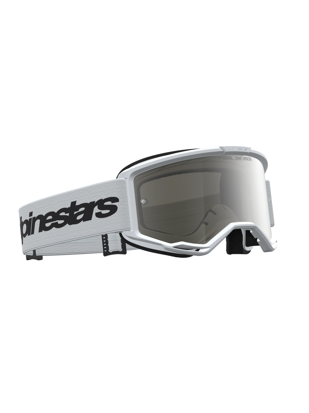 Alpinestars Maschere Vision 3 Wordmark specchiate, maschere da motocross bianco e nero con lente specchiata argento.
