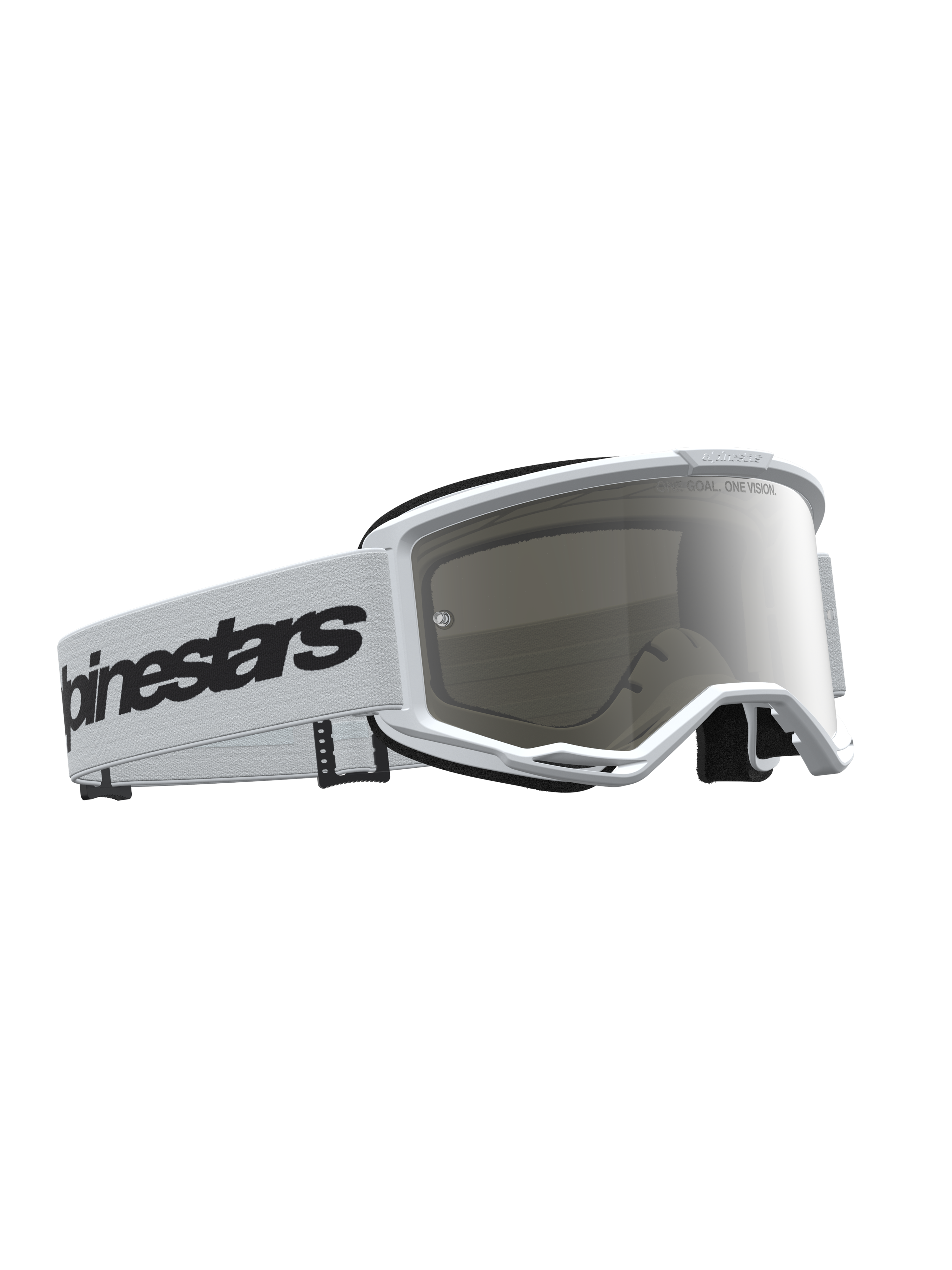 Alpinestars Maschere Vision 3 Wordmark specchiate, maschere da motocross bianco e nero con lente specchiata argento.