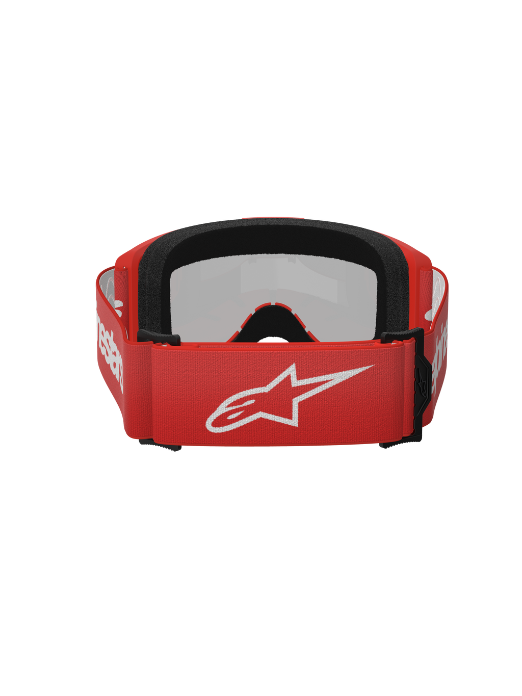 Alpinestars Vision 3 Wordmark Goggles, occhiali da motocross, rosso specchiato argento, vista posteriore con cinghia intrecciata rossa e logo Alpinestars bianco, schiuma facciale nera EO15 e vestibilità regolabile per prestazioni fuoristrada