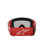 Alpinestars Vision 3 Wordmark Goggles, occhiali da motocross, rosso specchiato argento, vista posteriore con cinghia intrecciata rossa e logo Alpinestars bianco, schiuma facciale nera EO15 e vestibilità regolabile per prestazioni fuoristrada