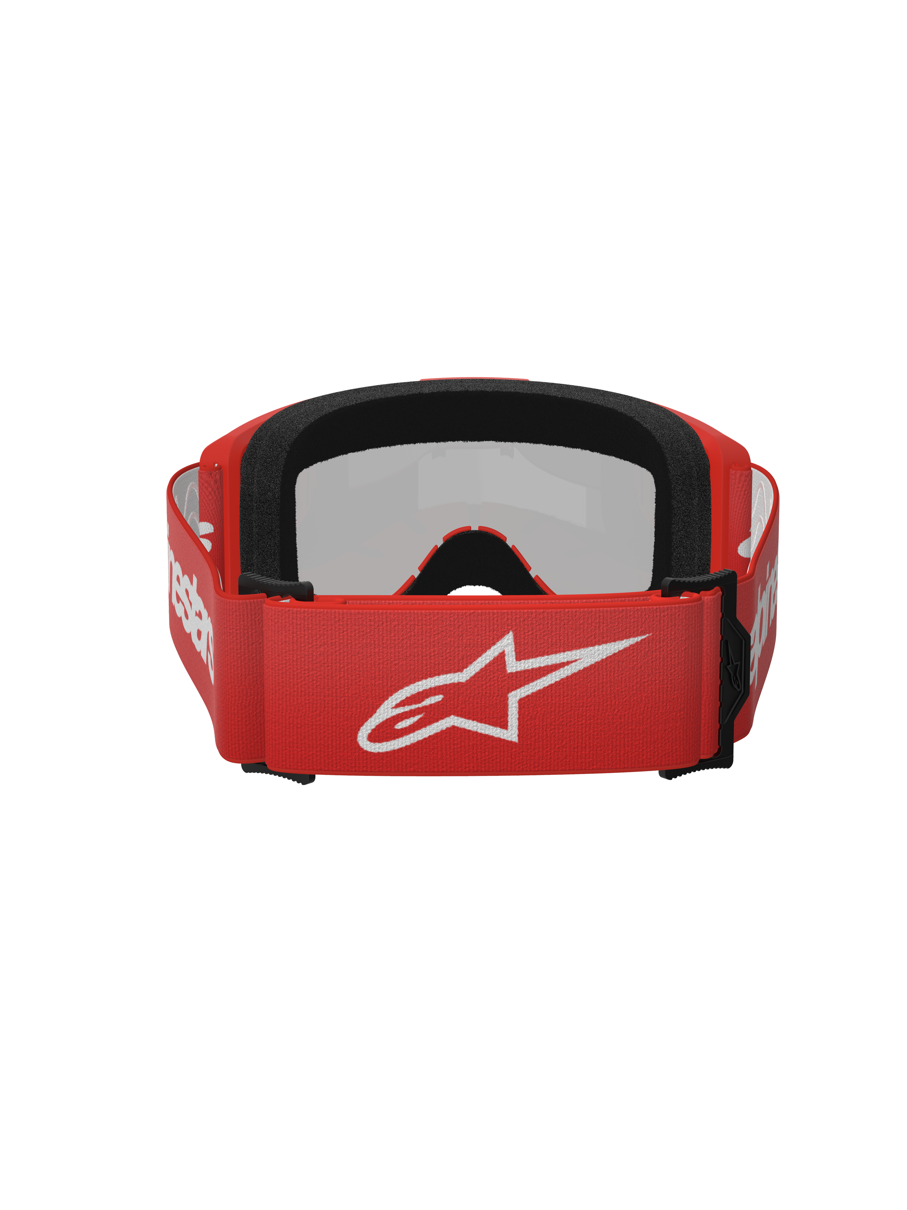 Alpinestars Vision 3 Wordmark Goggles, occhiali da motocross, rosso specchiato argento, vista posteriore con cinghia intrecciata rossa e logo Alpinestars bianco, schiuma facciale nera EO15 e vestibilità regolabile per prestazioni fuoristrada