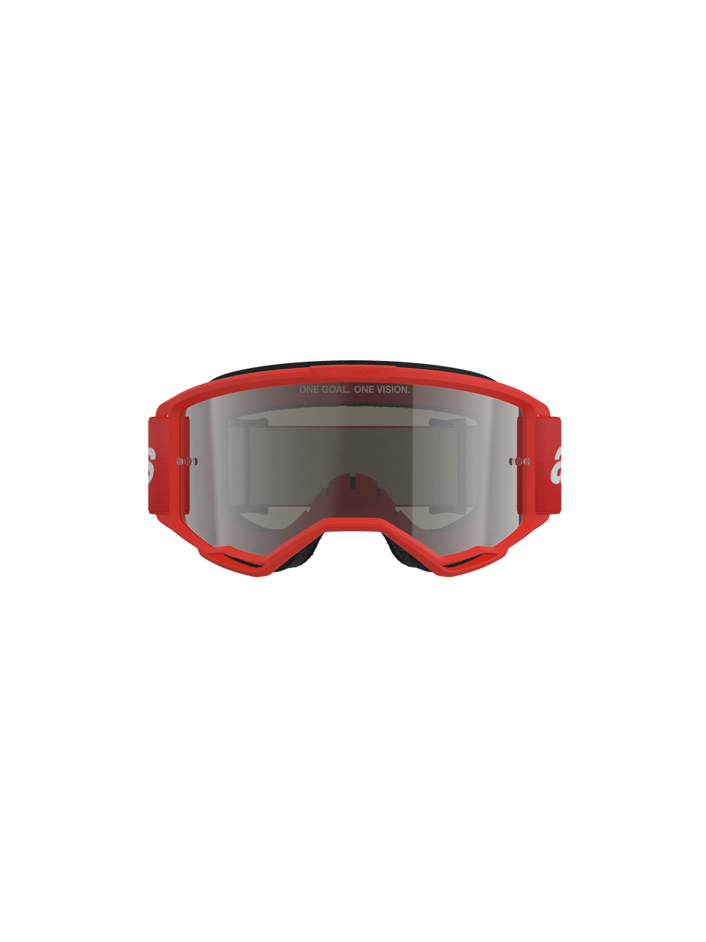 Alpinestars Vision 3 Wordmark Goggles, occhiali da motocross, montatura rossa con lente Silver Mirror, vista frontale con scritta 'ONE GOAL. ONE VISION.' sulla lente e ampia fascia rossa