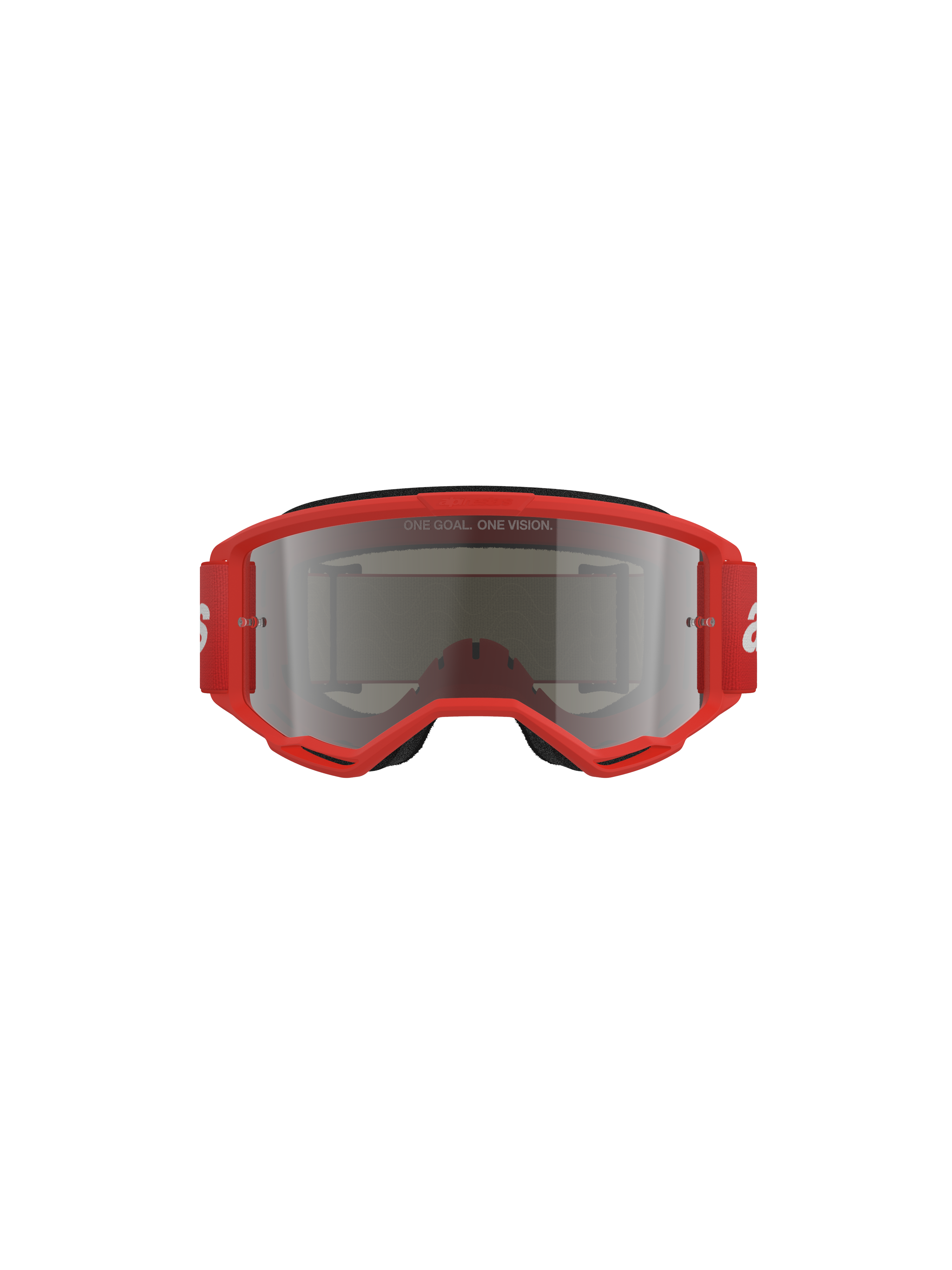 Alpinestars Vision 3 Wordmark Goggles, occhiali da motocross, montatura rossa con lente Silver Mirror, vista frontale con scritta 'ONE GOAL. ONE VISION.' sulla lente e ampia fascia rossa
