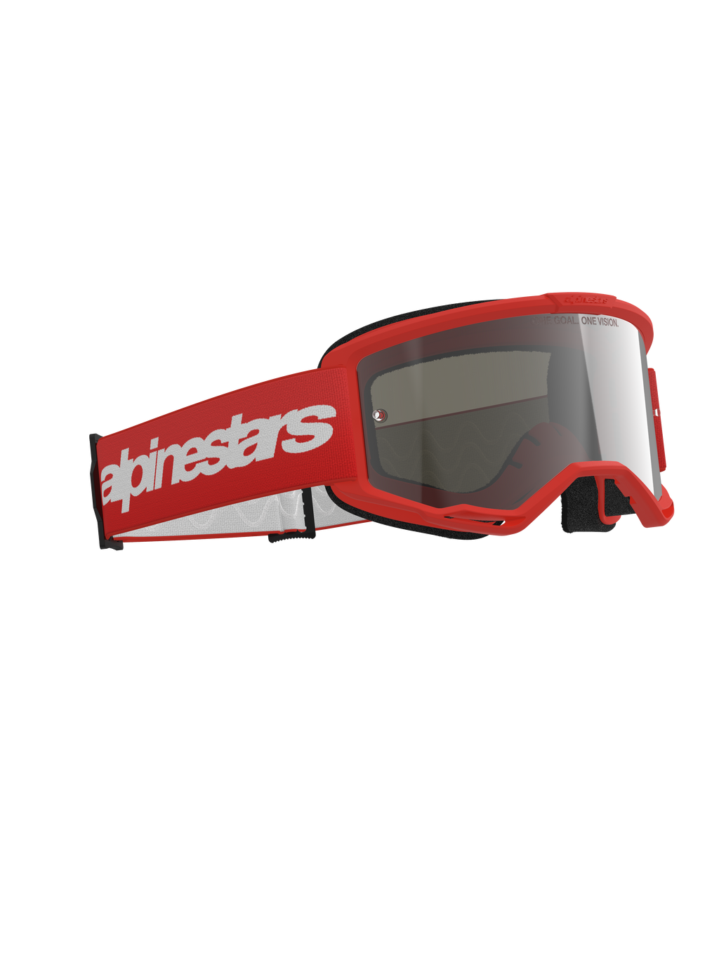 Alpinestars Vision 3 Wordmark Goggles, occhiali da motocross, montatura rossa con fascia rossa coordinata caratterizzata da un grande logo wordmark bianco, lente a specchio argento, progettati per il fuoristrada e le gare di motocross