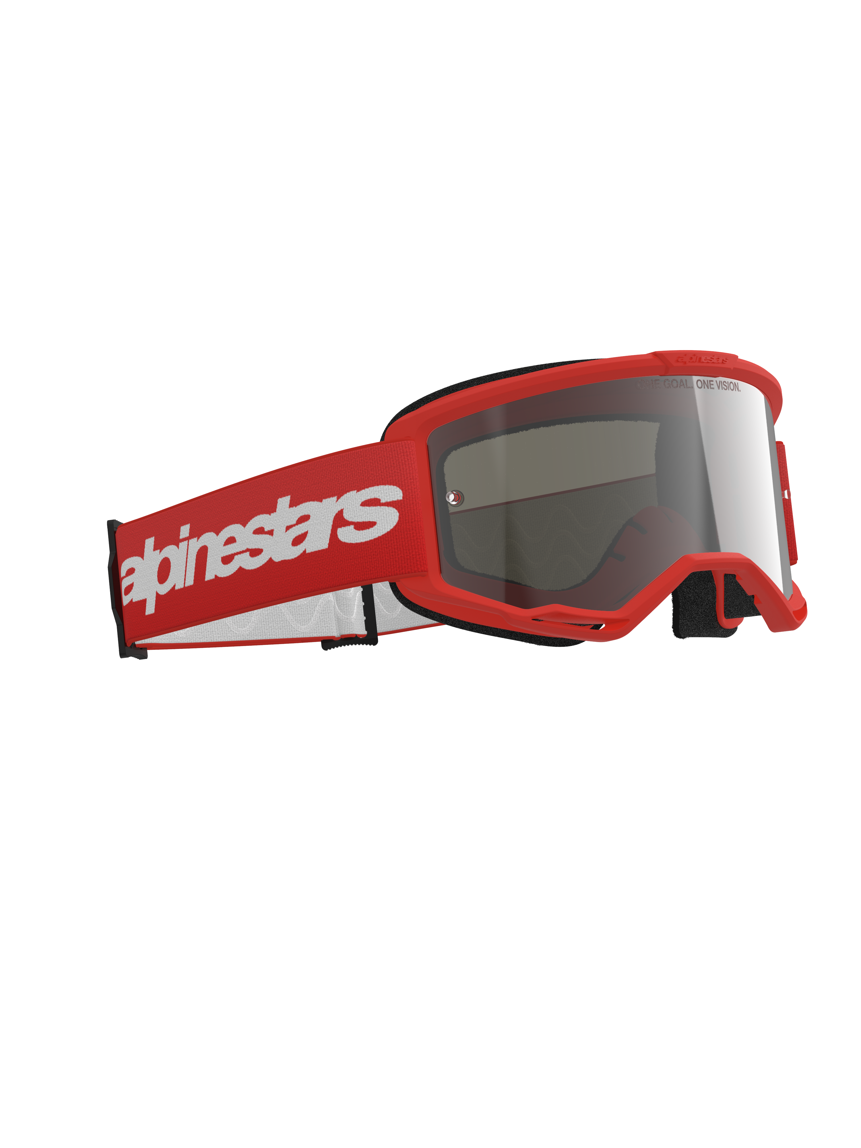Alpinestars Vision 3 Wordmark Goggles, occhiali da motocross, montatura rossa con fascia rossa coordinata caratterizzata da un grande logo wordmark bianco, lente a specchio argento, progettati per il fuoristrada e le gare di motocross