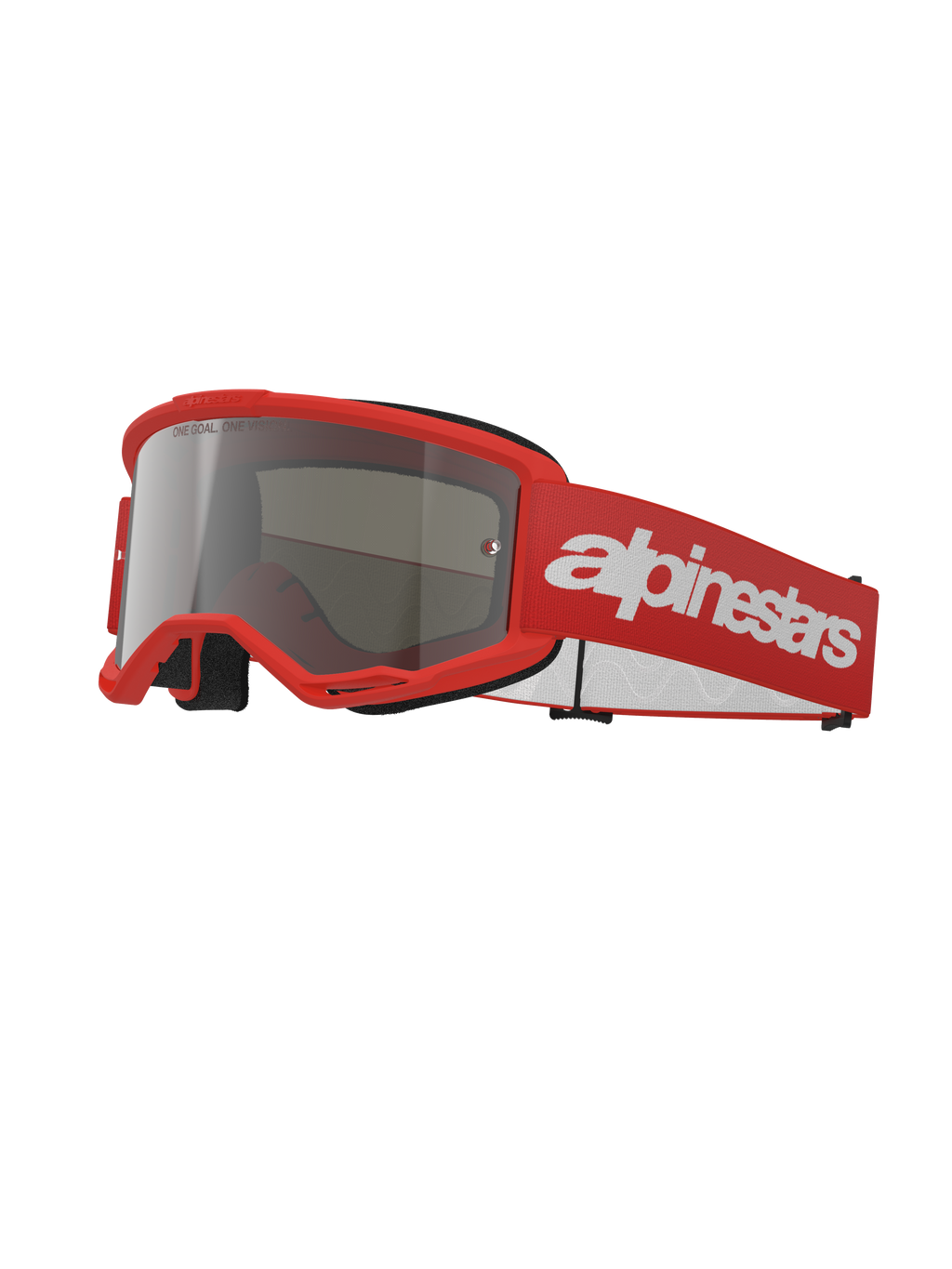 Alpinestars Vision 3 Wordmark Goggles, occhiali da motocross, rosso e argento specchiato, montatura rosso acceso con lente argento specchiata, cinturino in tessuto rosso con grande logo wordmark bianco, occhiali protettivi sportivi da fuoristrada