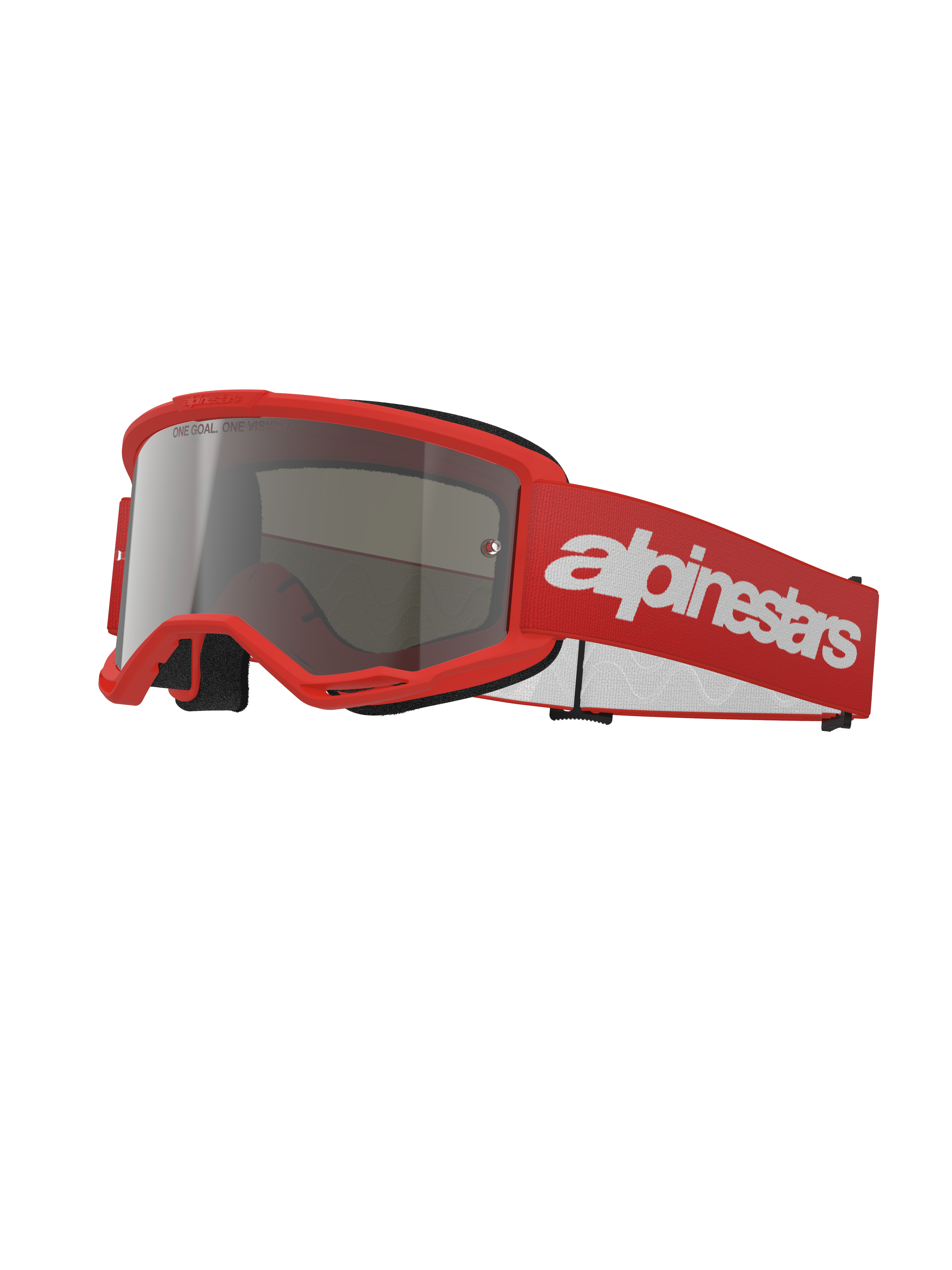 Alpinestars Vision 3 Wordmark Goggles, occhiali da motocross, rosso e argento specchiato, montatura rosso acceso con lente argento specchiata, cinturino in tessuto rosso con grande logo wordmark bianco, occhiali protettivi sportivi da fuoristrada