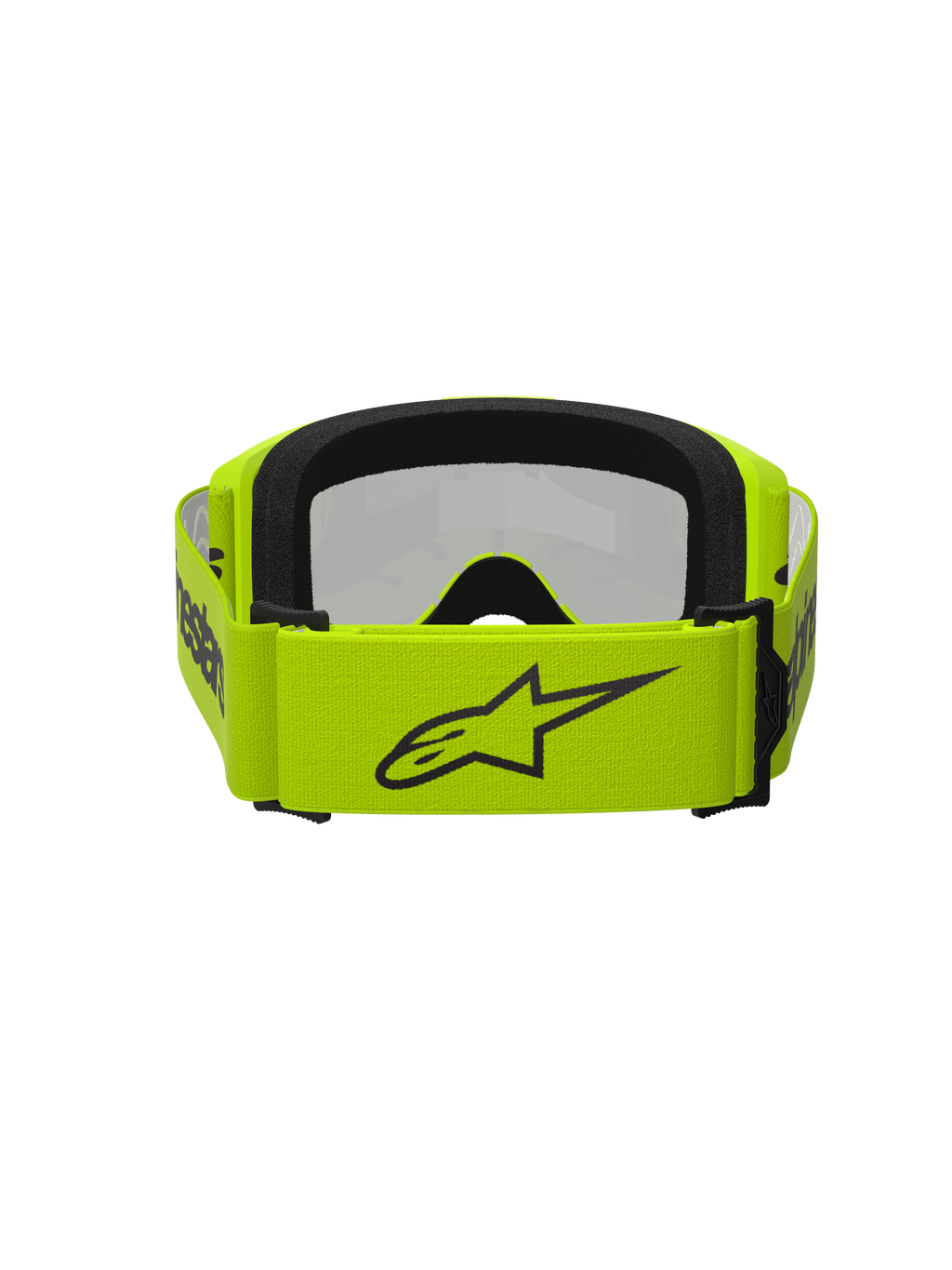 Alpinestars Vision 3 Wordmark Goggles, occhiali da motocross, Giallo Fluo e Silver Mirror, vista posteriore con ampia fascia giallo fluorescente, logo a stella nero e branding, schiuma facciale nera, progettati per le corse off-road