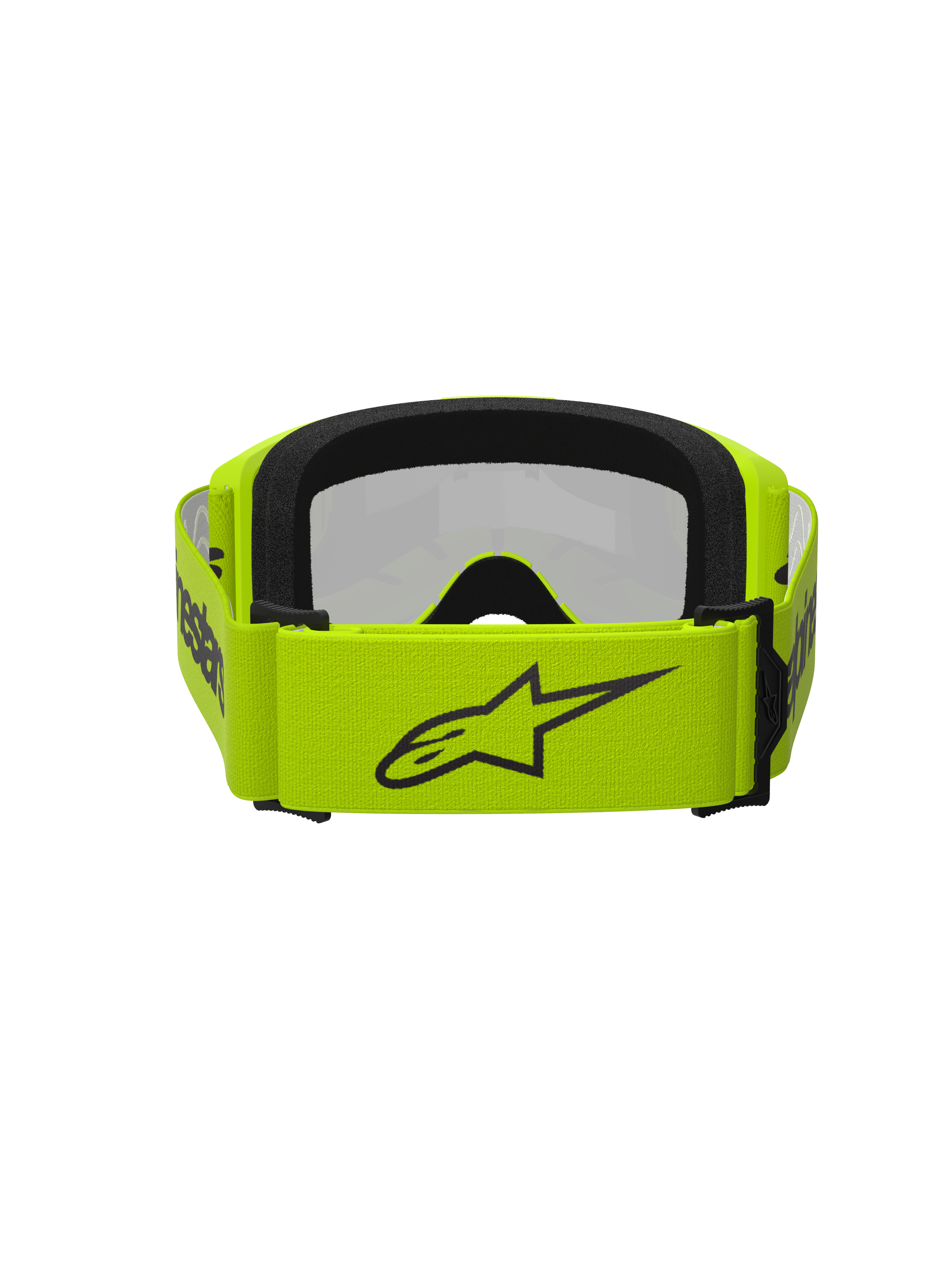 Alpinestars Vision 3 Wordmark Goggles, occhiali da motocross, Giallo Fluo e Silver Mirror, vista posteriore con ampia fascia giallo fluorescente, logo a stella nero e branding, schiuma facciale nera, progettati per le corse off-road