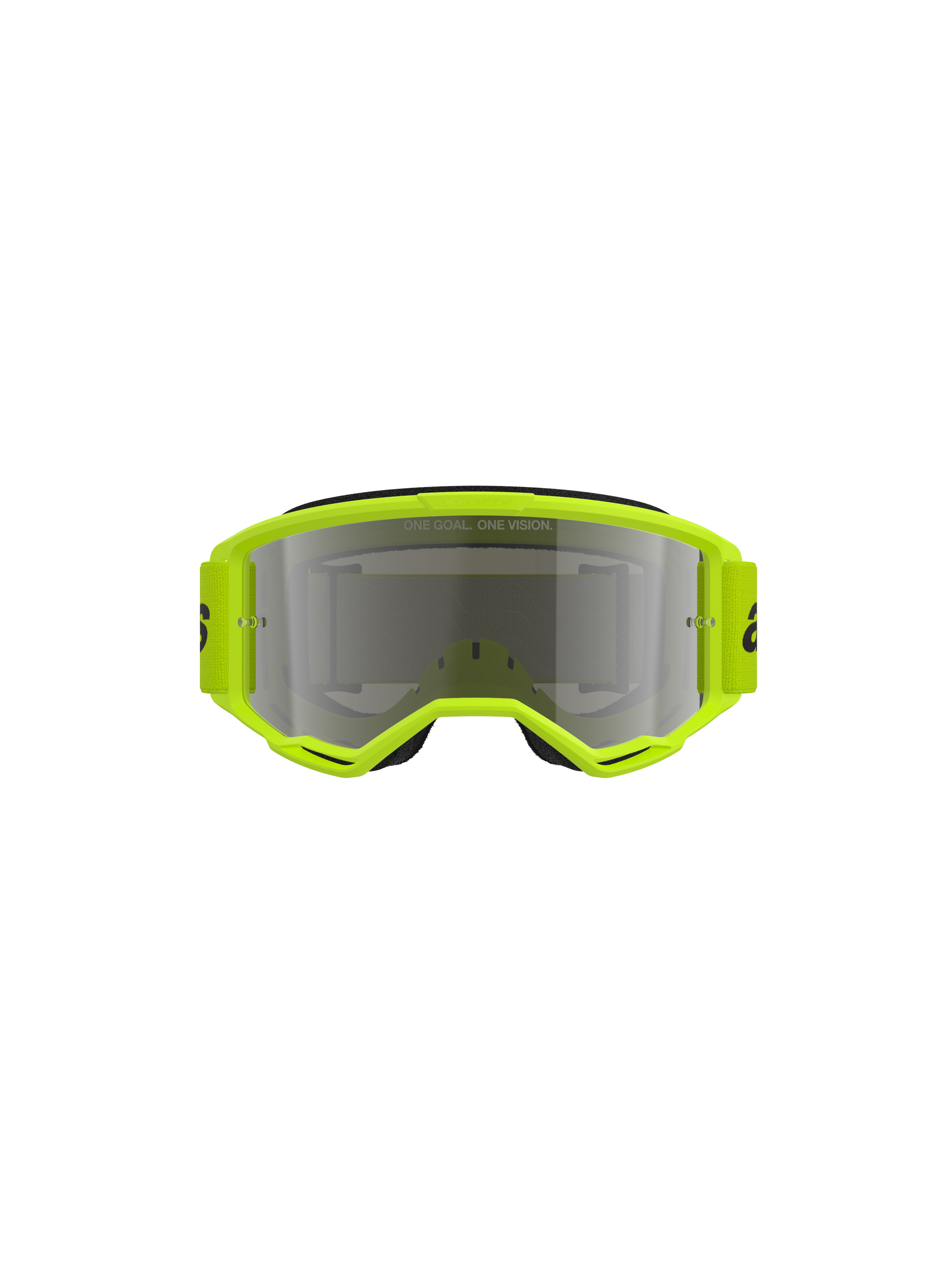 Alpinestars Vision 3 Wordmark Goggles, occhiali da motocross, montatura giallo fluo con lente Mirror Silver, fascia gialla coordinata con logo nero, vista frontale che mette in evidenza l'ampio campo visivo