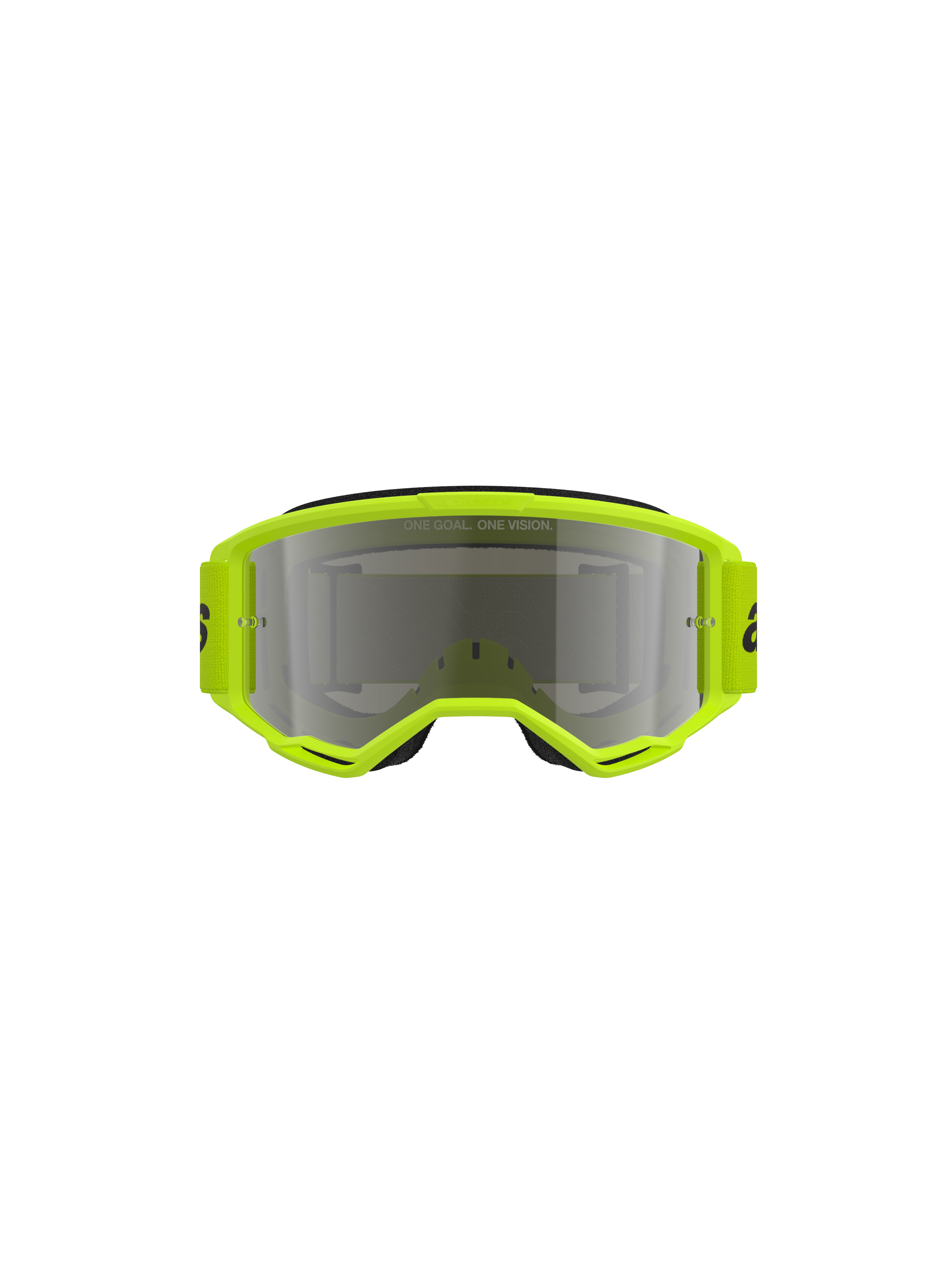 Alpinestars Vision 3 Wordmark Goggles, occhiali da motocross, montatura giallo fluo con lente Mirror Silver, fascia gialla coordinata con logo nero, vista frontale che mette in evidenza l'ampio campo visivo