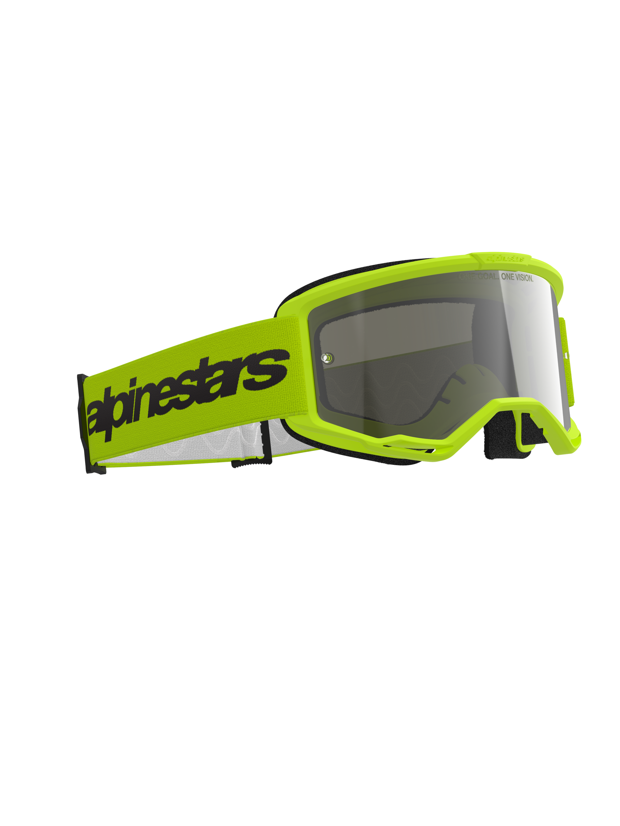 Alpinestars Vision 3 Wordmark Goggles, occhiali da motocross, giallo fluo e argento specchiato, montatura giallo acceso con lente argento riflettente, ampia fascia gialla con marchio Alpinestars nero