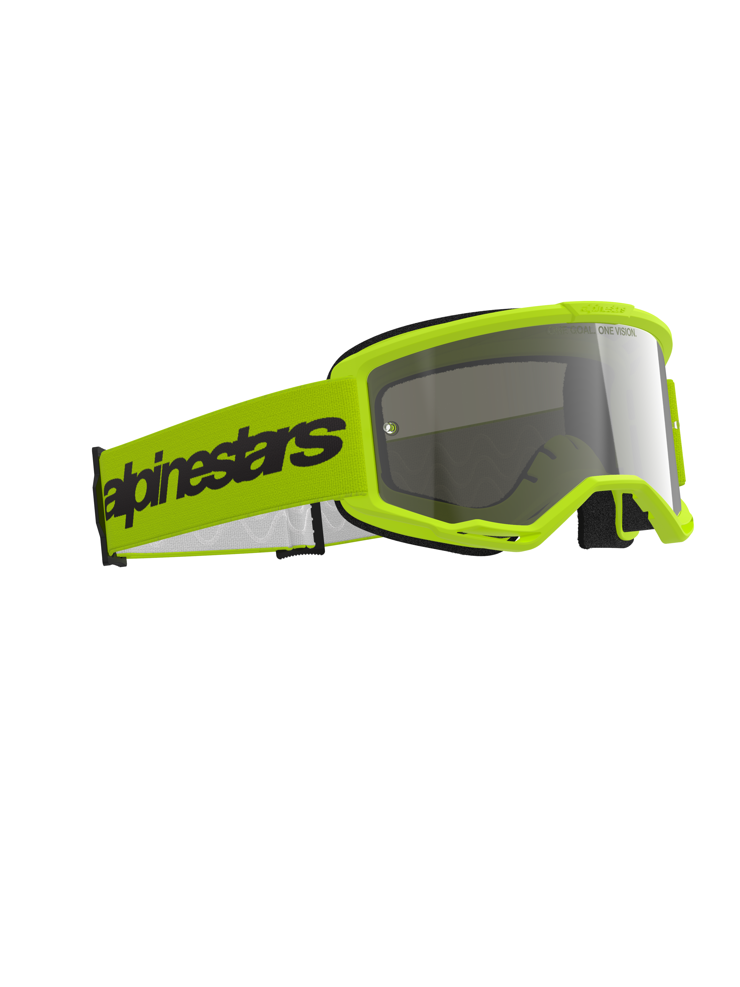 Alpinestars Vision 3 Wordmark Goggles, occhiali da motocross, giallo fluo e argento specchiato, montatura giallo acceso con lente argento riflettente, ampia fascia gialla con marchio Alpinestars nero