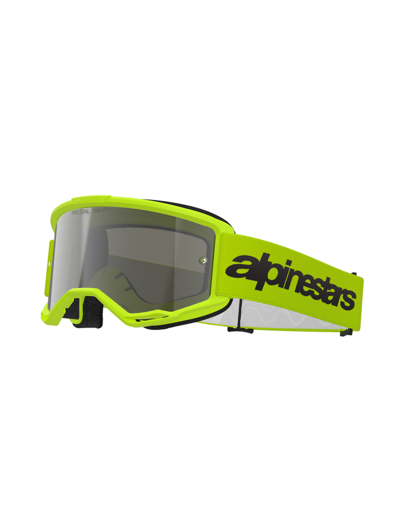 Alpinestars Vision 3 Wordmark Goggles, maschere da motocross, giallo fluo e argento specchiato, con montatura e fascia giallo brillante e logo Alpinestars nero, protezione oculare ad alte prestazioni per corse fuoristrada