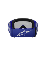 Alpinestars Vision 3 Wordmark Goggles, occhiali da motocross, Blue Mirror Silver, vista posteriore che mostra la fascia blu con logo Alpinestars bianco e schiuma facciale nera a due strati