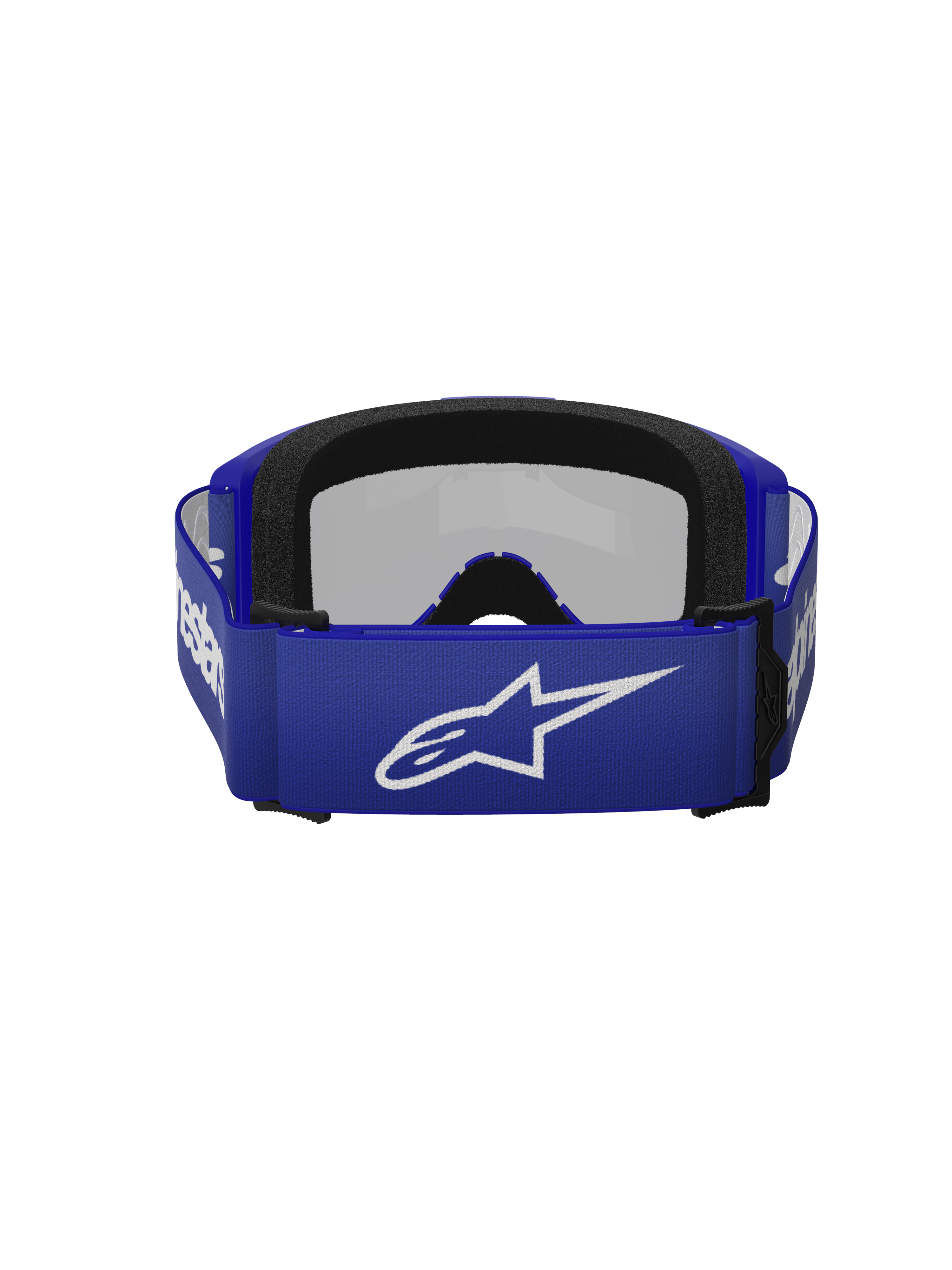 Alpinestars Vision 3 Wordmark Goggles, occhiali da motocross, Blue Mirror Silver, vista posteriore che mostra la fascia blu con logo Alpinestars bianco e schiuma facciale nera a due strati