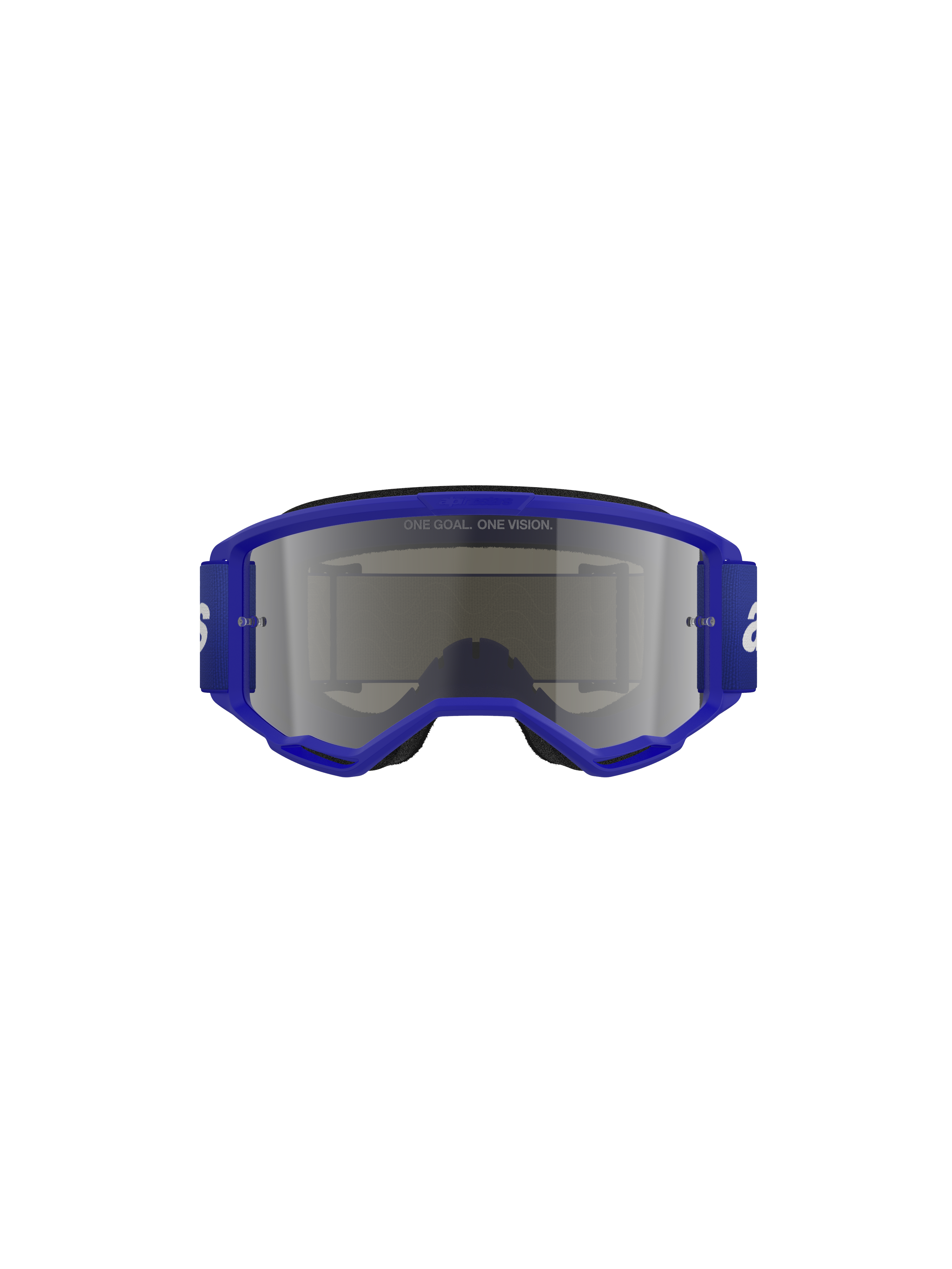 Alpinestars Vision 3 Wordmark Goggles, occhiali da motocross, blu e argento specchiato, con montatura blu e ampia fascia con logo bianco, lente specchiata argento con scritta 'ONE GOAL. ONE VISION.', protezione oculare professionale per fuoristrada.