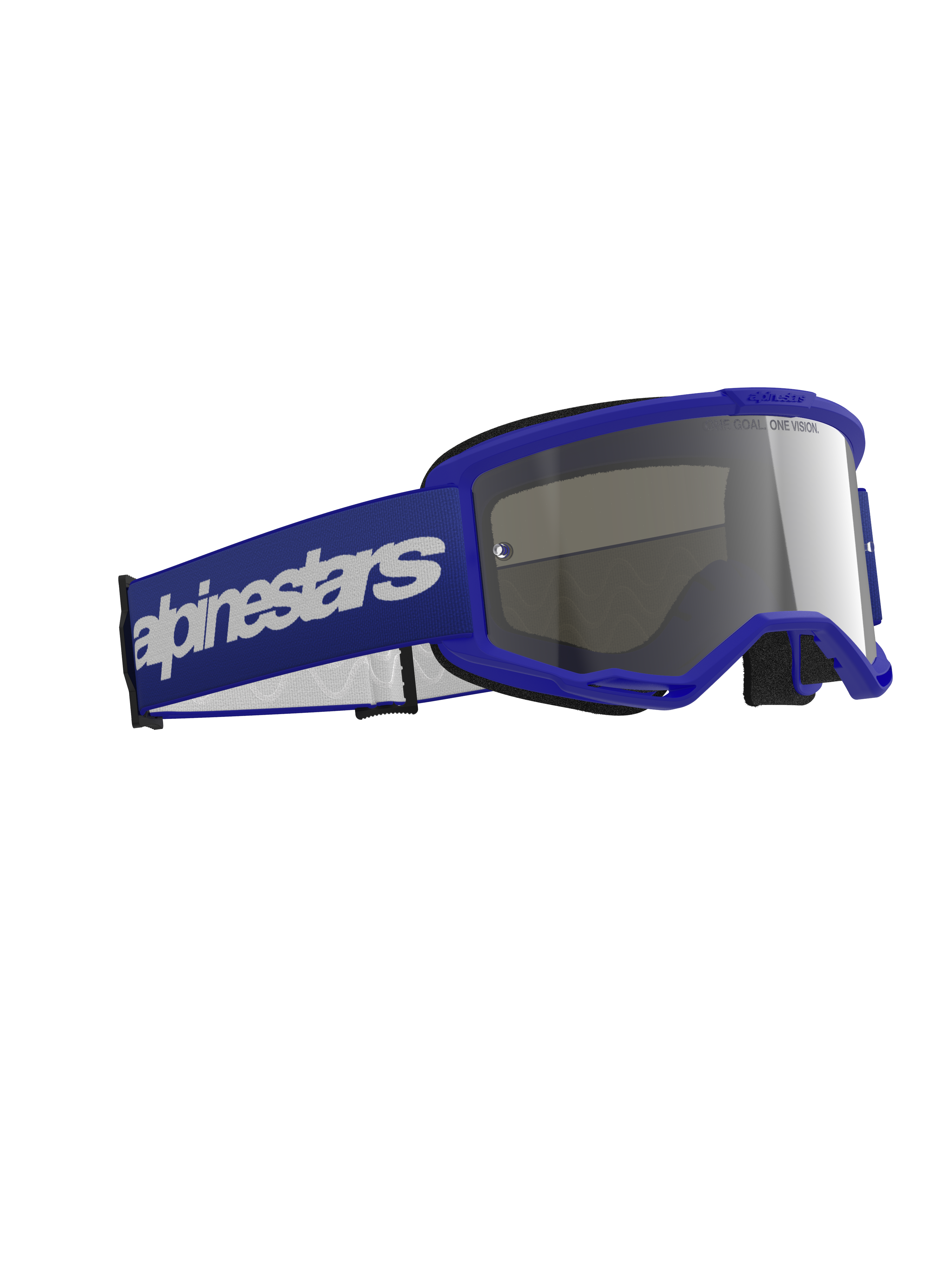 Alpinestars Vision 3 Wordmark Goggles, occhiali da motocross, blu con lente a specchio argento, caratterizzati da montatura blu e ampia fascia blu con logo wordmark bianco, design resistente per corse fuoristrada