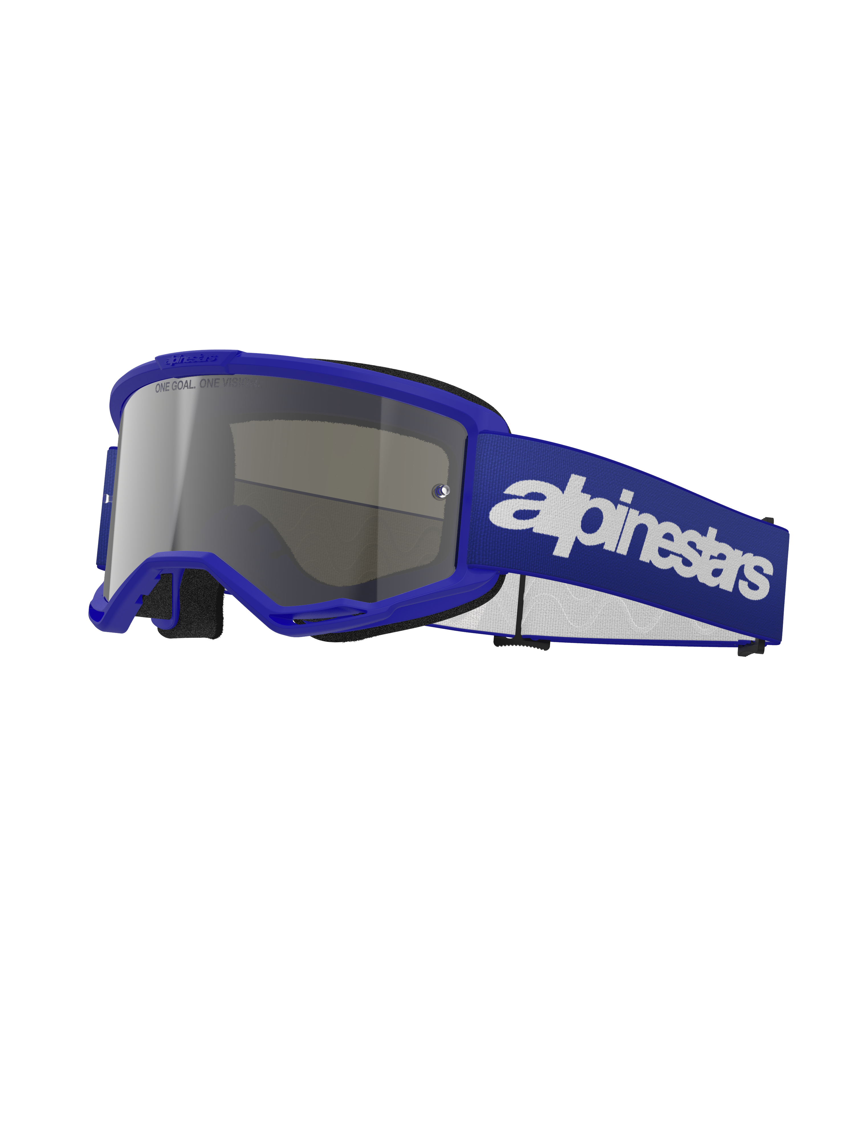 Alpinestars Vision 3 Wordmark Goggles, occhiali da motocross, montatura blu con lente a specchio argento, ampia fascia regolabile blu con logo Alpinestars bianco, imbottitura nera, protezione per la guida fuoristrada e motocross
