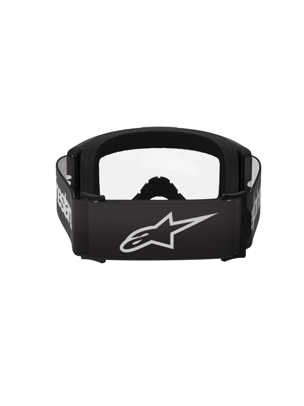 Maschere Alpinestars Vision 3 Wordmark, maschere da motocross, nero e trasparente, vista posteriore con ampio cinturino nero con logo a stella e wordmark Alpinestars bianco, spessa schiuma facciale nera e lente trasparente