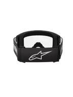 Maschere Alpinestars Vision 3 Wordmark, maschere da motocross, nero e trasparente, vista posteriore con ampio cinturino nero con logo a stella e wordmark Alpinestars bianco, spessa schiuma facciale nera e lente trasparente