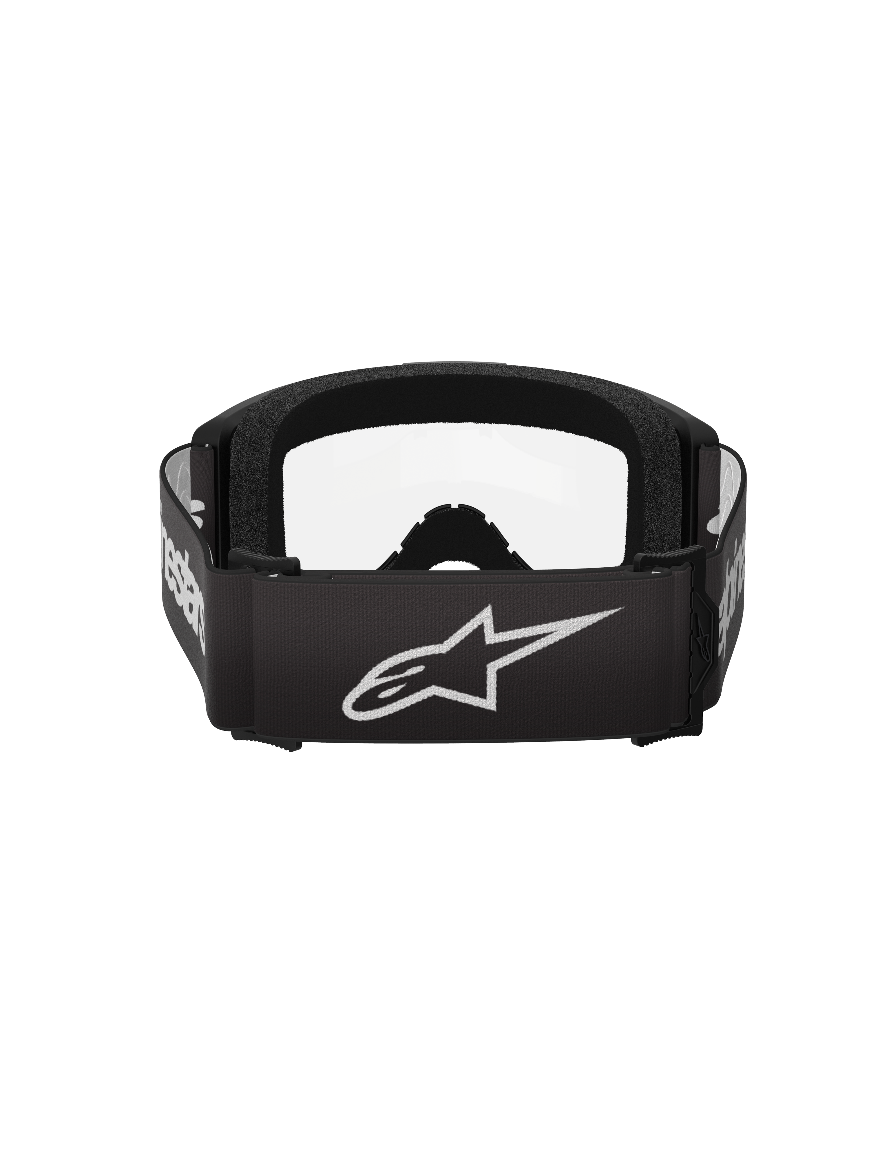 Maschere Alpinestars Vision 3 Wordmark, maschere da motocross, nero e trasparente, vista posteriore con ampio cinturino nero con logo a stella e wordmark Alpinestars bianco, spessa schiuma facciale nera e lente trasparente