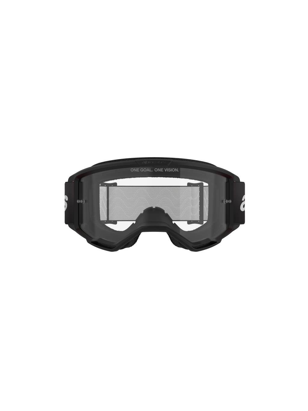 Alpinestars Vision 3 Wordmark Goggles, maschere da motocross, nero e trasparente, vista frontale con lente trasparente antiappannamento, montatura A-FLEX, fascia nera con logo Alpinestars bianco e dettaglio dello slogan 'ONE GOAL. ONE VISION.'