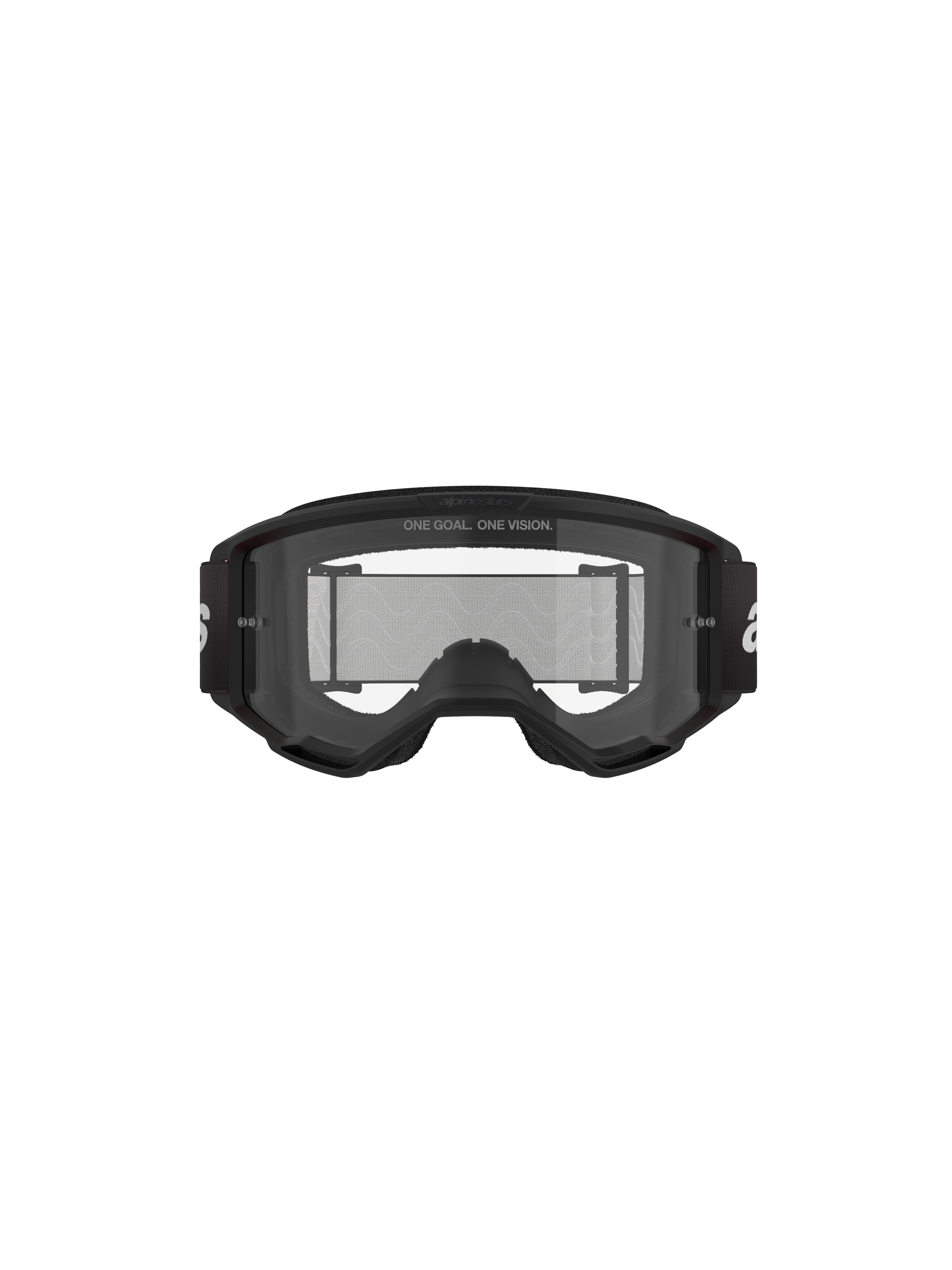 Alpinestars Vision 3 Wordmark Goggles, maschere da motocross, nero e trasparente, vista frontale con lente trasparente antiappannamento, montatura A-FLEX, fascia nera con logo Alpinestars bianco e dettaglio dello slogan 'ONE GOAL. ONE VISION.'