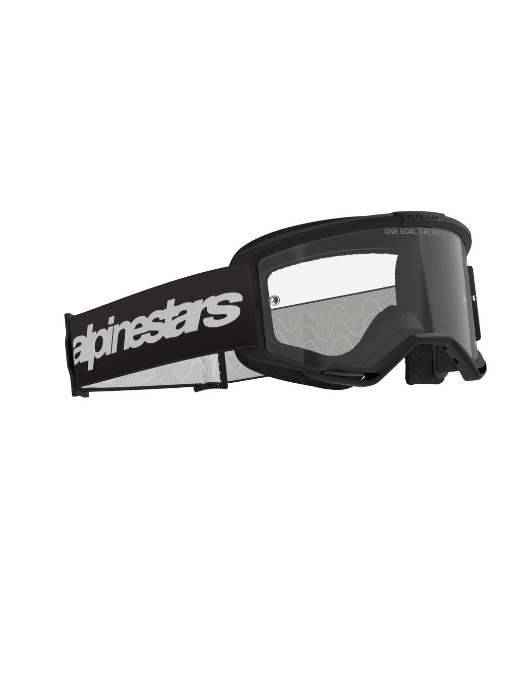 Alpinestars Vision 3 Wordmark Goggles, maschere da motocross, nero e trasparente, con ampio cinturino nero e logo wordmark bianco, lente trasparente antiappannamento con scritta "ONE GOAL. ONE VISION.", design performante per corse fuoristrada