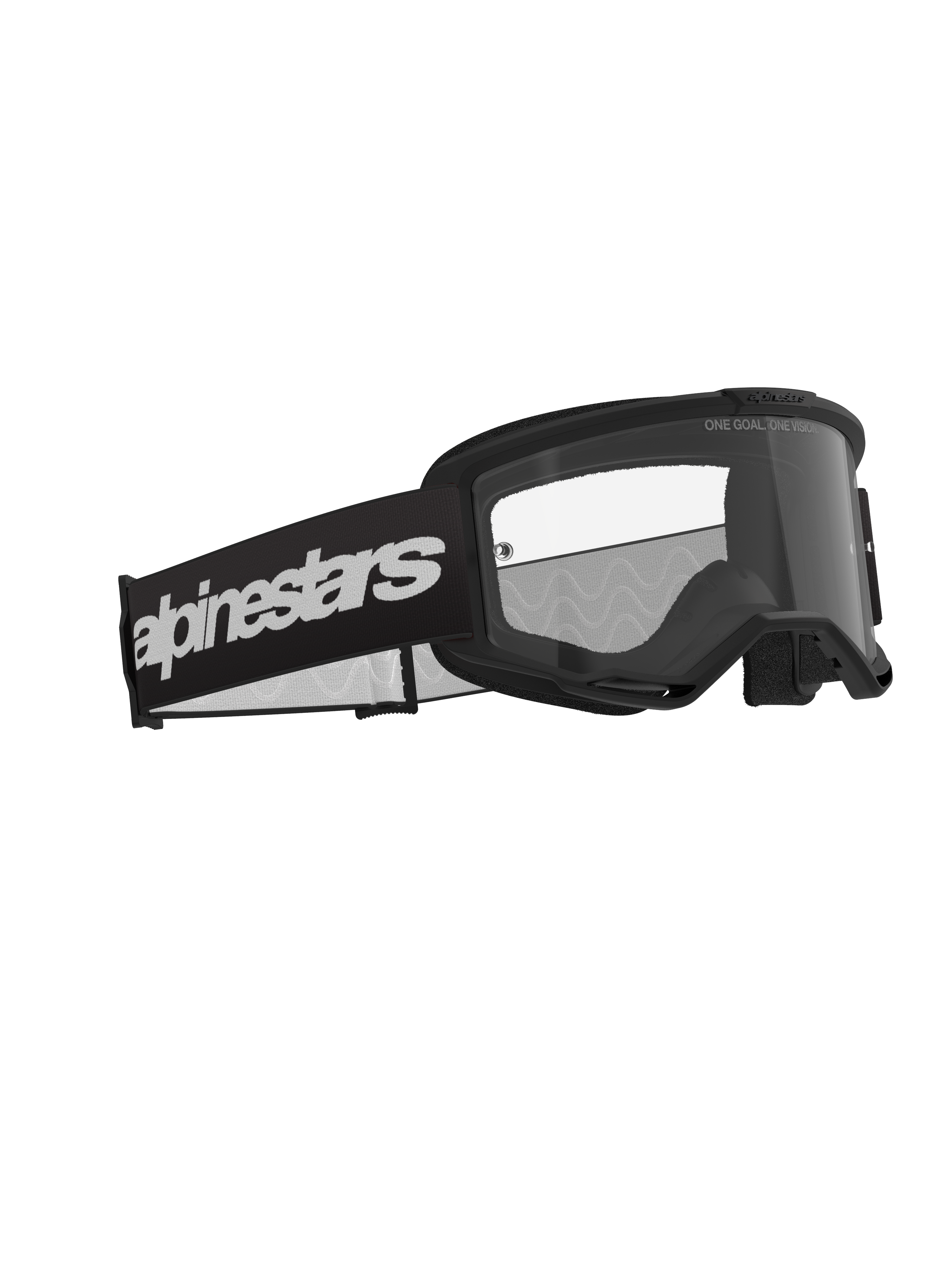 Alpinestars Vision 3 Wordmark Goggles, maschere da motocross, nero e trasparente, con ampio cinturino nero e logo wordmark bianco, lente trasparente antiappannamento con scritta "ONE GOAL. ONE VISION.", design performante per corse fuoristrada