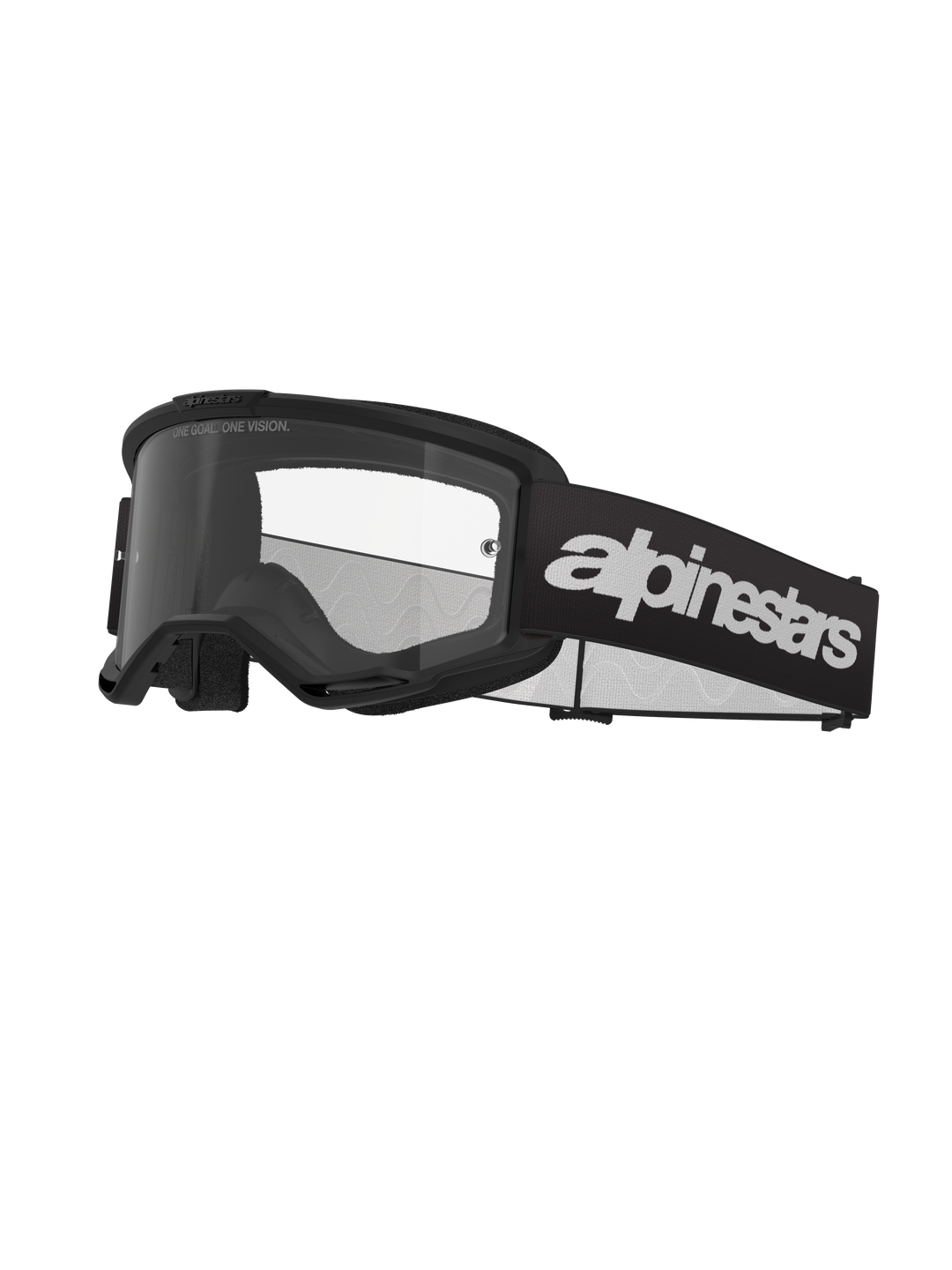 Alpinestars Vision 3 Wordmark Goggles, occhiali da motocross, nero e trasparente, con logo Alpinestars bianco in evidenza sul cinturino, lente trasparente con scritta 'ONE GOAL. ONE VISION.' e design della montatura elegante e minimalista.