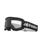 Alpinestars Vision 3 Wordmark Goggles, occhiali da motocross, nero e trasparente, con logo Alpinestars bianco in evidenza sul cinturino, lente trasparente con scritta 'ONE GOAL. ONE VISION.' e design della montatura elegante e minimalista.