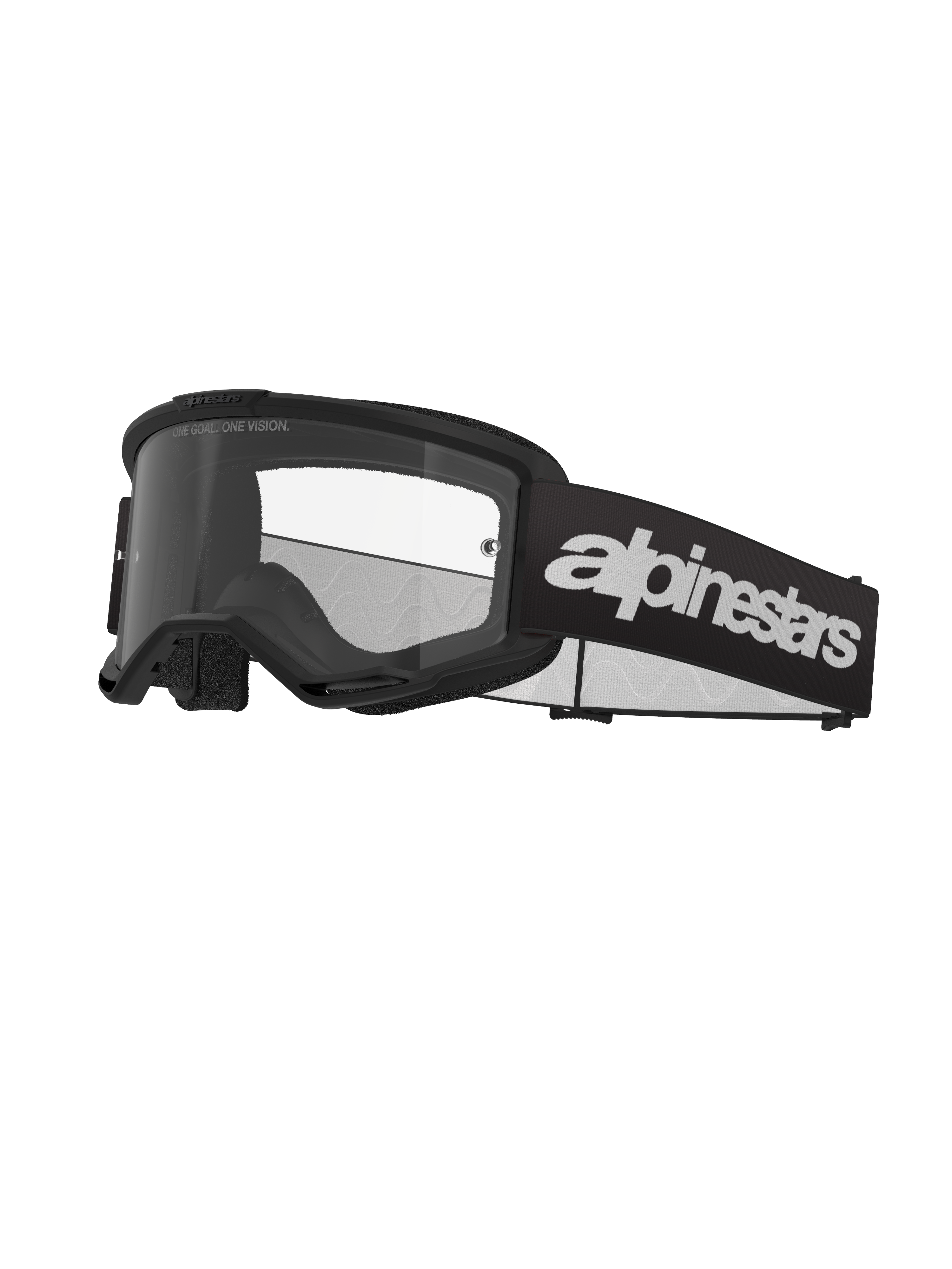 Alpinestars Vision 3 Wordmark Goggles, occhiali da motocross, nero e trasparente, con logo Alpinestars bianco in evidenza sul cinturino, lente trasparente con scritta 'ONE GOAL. ONE VISION.' e design della montatura elegante e minimalista.