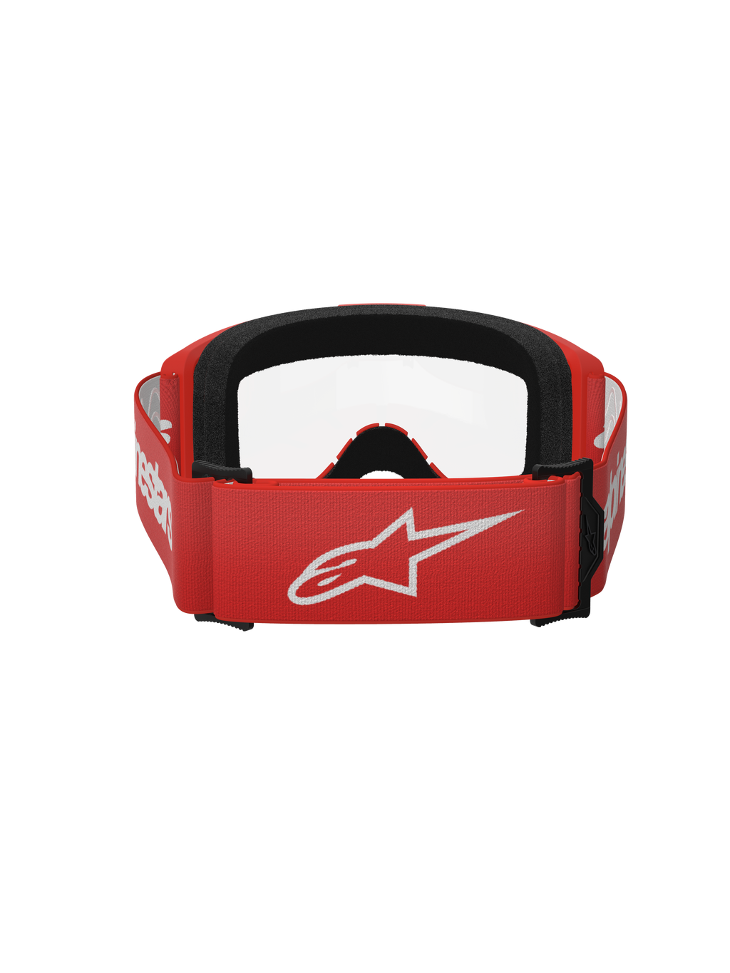Occhiali Alpinestars Vision 3 Wordmark, occhiali da motocross, rosso e trasparente, vista posteriore che mostra la fascia intrecciata rossa con grande logo Alpinestars bianco e imbottitura in schiuma nera