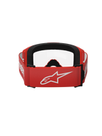 Occhiali Alpinestars Vision 3 Wordmark, occhiali da motocross, rosso e trasparente, vista posteriore che mostra la fascia intrecciata rossa con grande logo Alpinestars bianco e imbottitura in schiuma nera