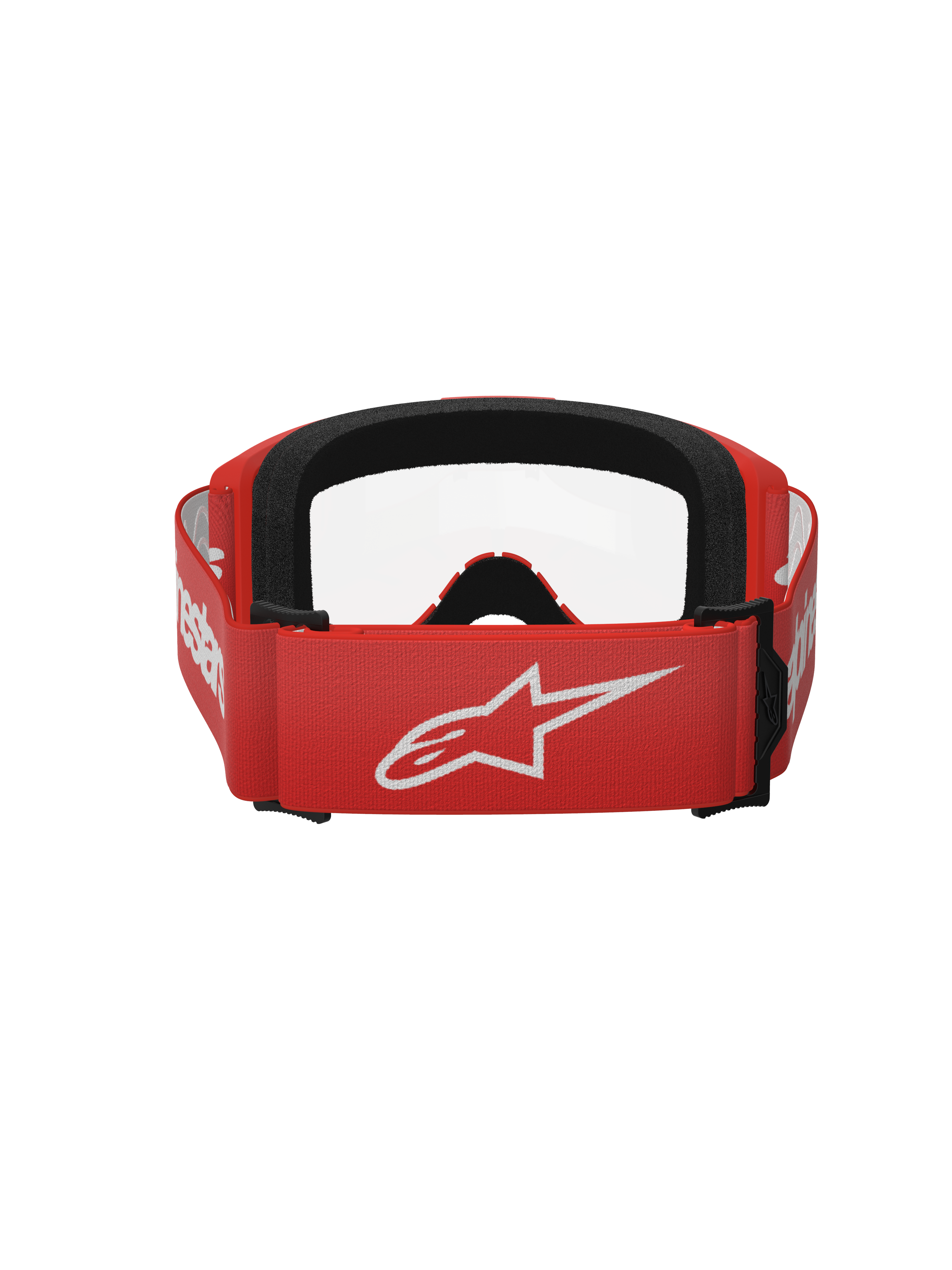 Occhiali Alpinestars Vision 3 Wordmark, occhiali da motocross, rosso e trasparente, vista posteriore che mostra la fascia intrecciata rossa con grande logo Alpinestars bianco e imbottitura in schiuma nera