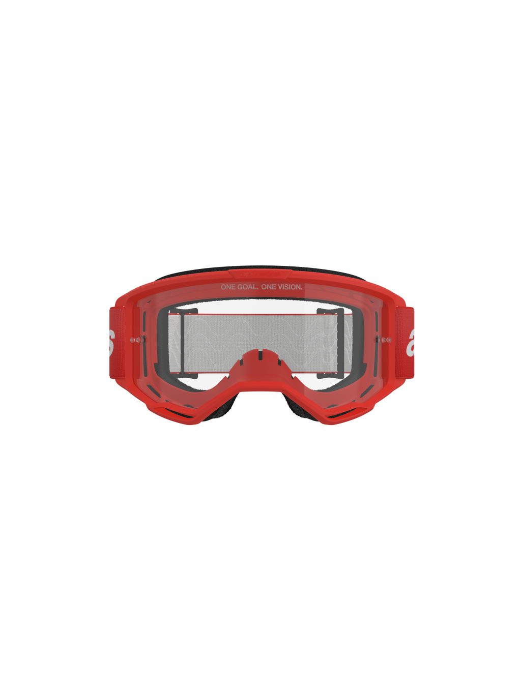 Occhiali Alpinestars Vision 3 Wordmark, occhiali da motocross, montatura rossa e lente trasparente, fascia intrecciata rossa con marchio bianco, testo 'ONE GOAL. ONE VISION.' sulla lente, scatto frontale in studio su sfondo nero