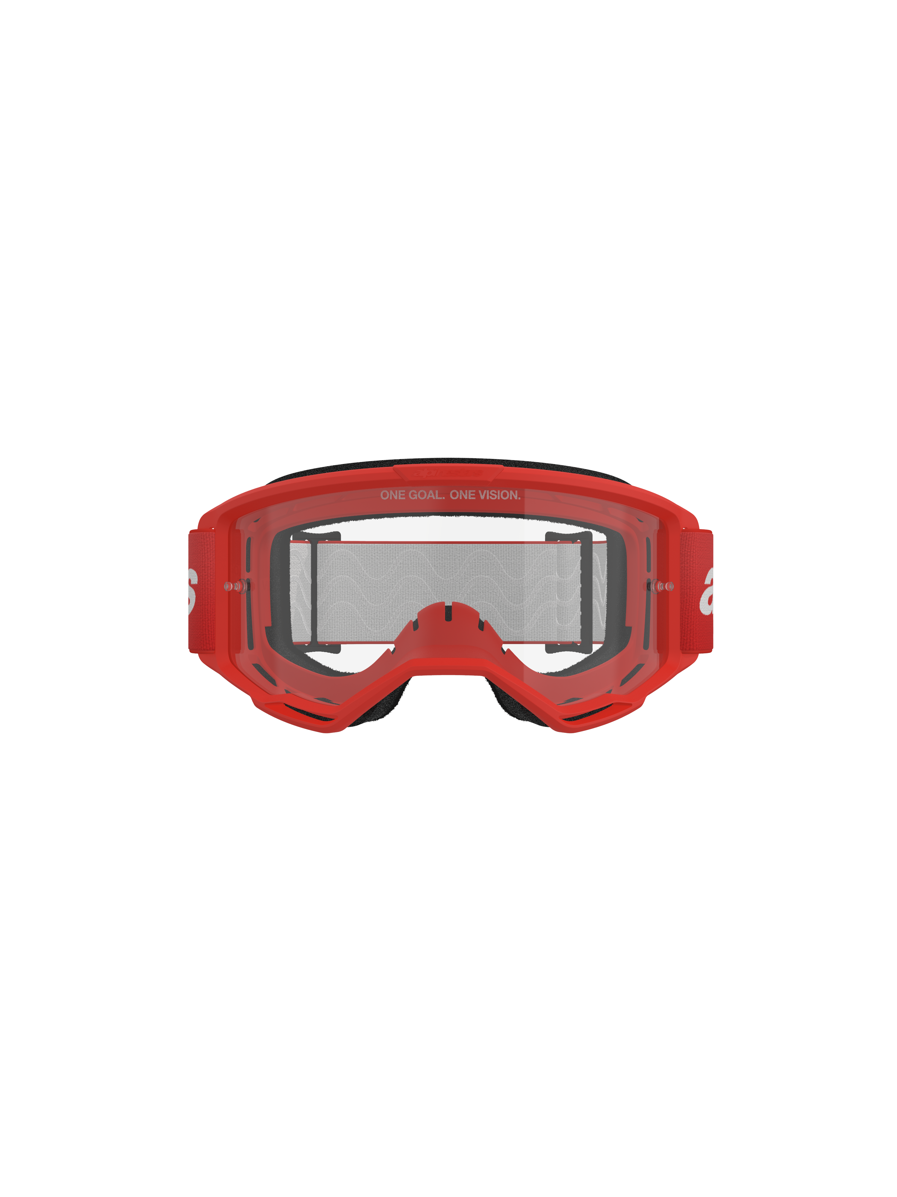 Occhiali Alpinestars Vision 3 Wordmark, occhiali da motocross, montatura rossa e lente trasparente, fascia intrecciata rossa con marchio bianco, testo 'ONE GOAL. ONE VISION.' sulla lente, scatto frontale in studio su sfondo nero