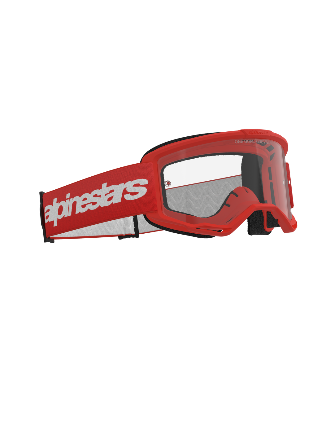 Alpinestars Vision 3 Wordmark Goggles, maschere da motocross, rosso con lente trasparente, montatura rossa e ampia fascia rossa con logo Alpinestars bianco, occhiali professionali per corse fuoristrada