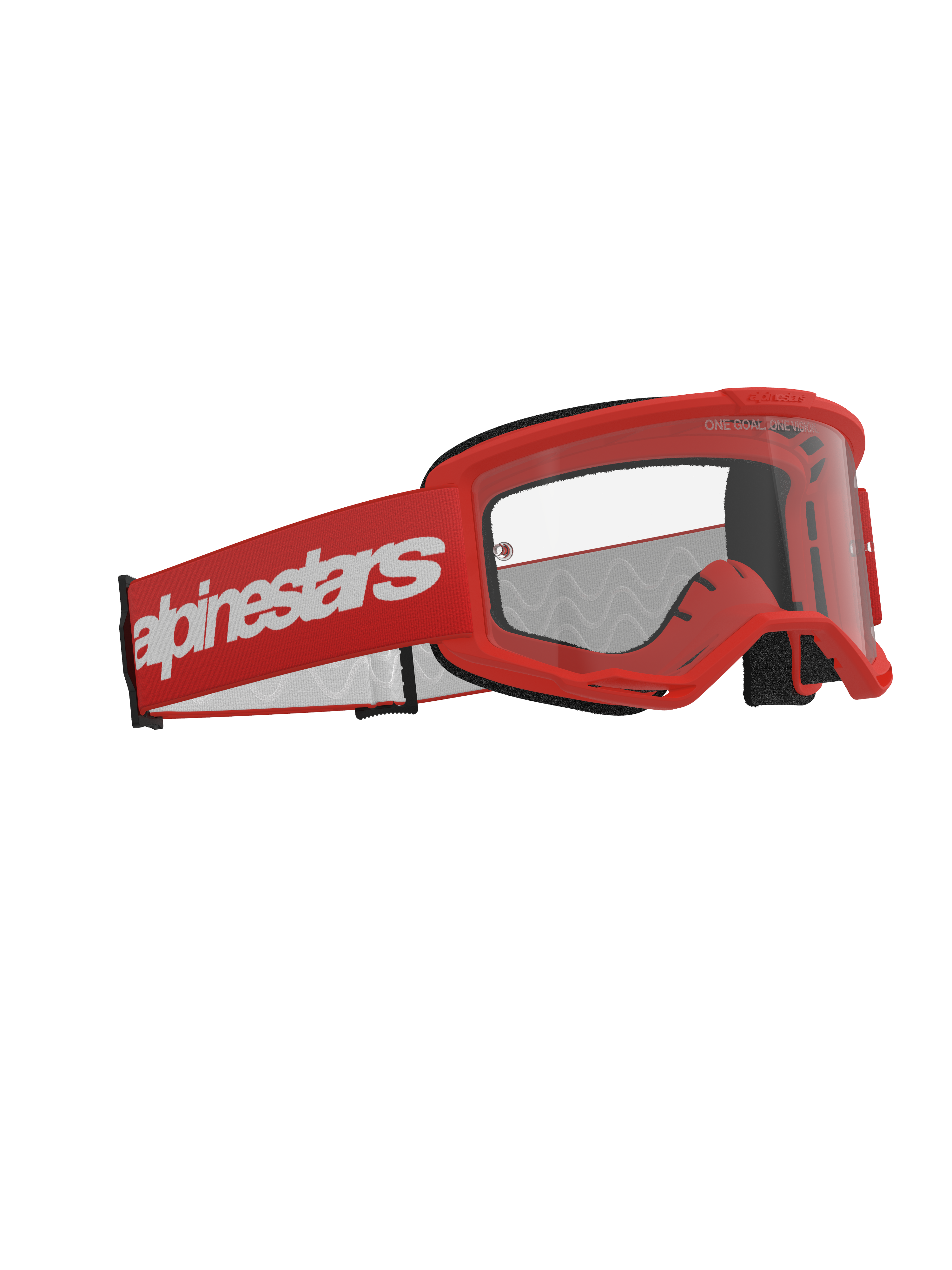 Alpinestars Vision 3 Wordmark Goggles, maschere da motocross, rosso con lente trasparente, montatura rossa e ampia fascia rossa con logo Alpinestars bianco, occhiali professionali per corse fuoristrada