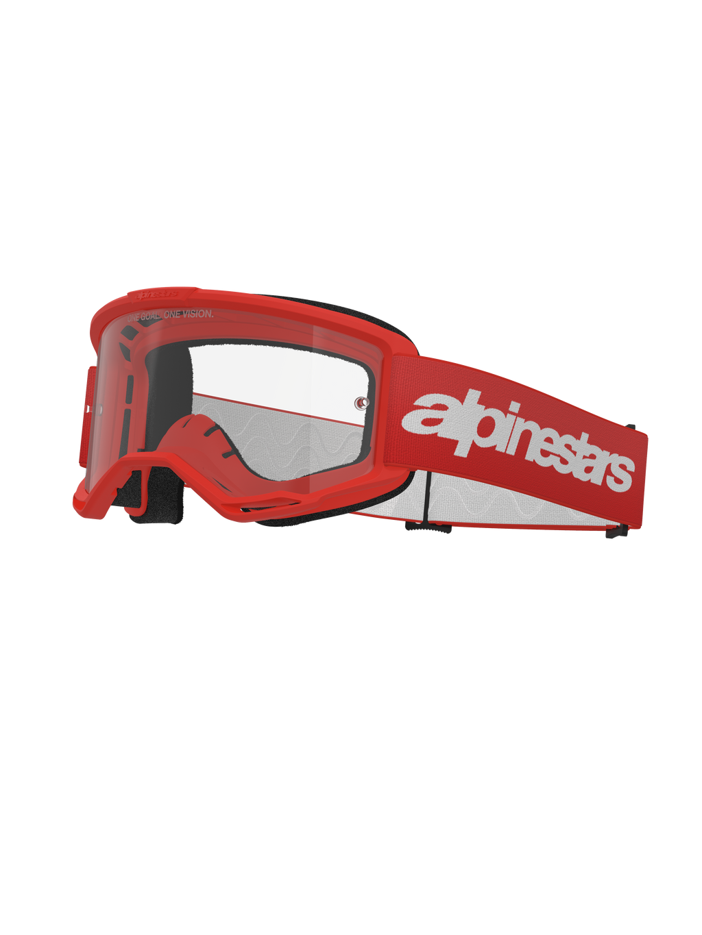 Alpinestars Vision 3 Wordmark Goggles, occhiali da motocross, rosso e bianco, lente trasparente, ampio cinturino rosso con logo bianco, imbottitura in schiuma nera e montatura ventilata A-FLEX per gare fuoristrada