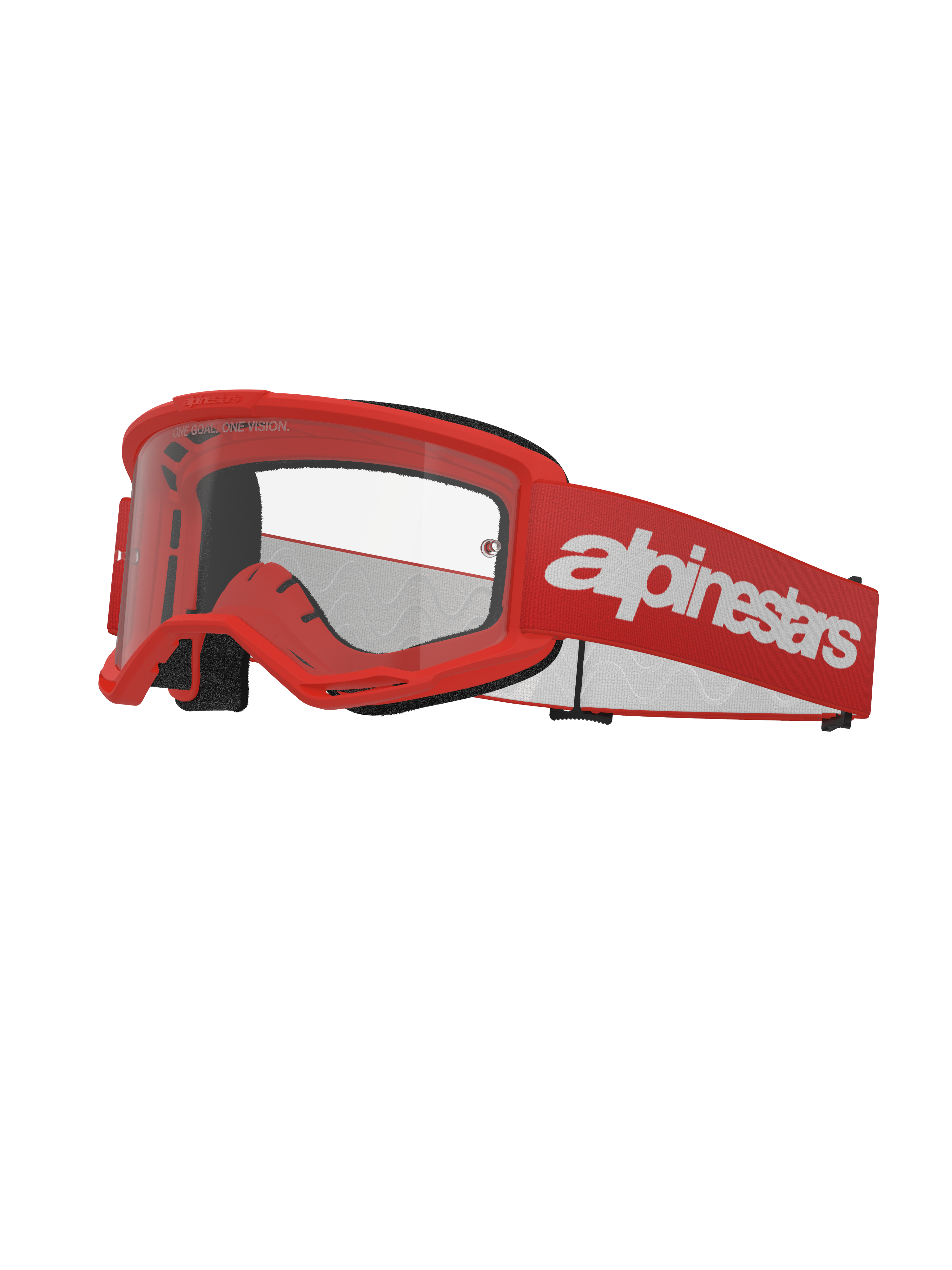 Alpinestars Vision 3 Wordmark Goggles, occhiali da motocross, rosso e bianco, lente trasparente, ampio cinturino rosso con logo bianco, imbottitura in schiuma nera e montatura ventilata A-FLEX per gare fuoristrada