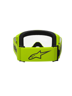 Alpinestars Vision 3 Wordmark Goggles, occhiali da motocross, Giallo Fluo con lente trasparente, vista posteriore con ampia fascia gialla e logo Alpinestars nero, interno in schiuma nera, design resistente per corse off-road
