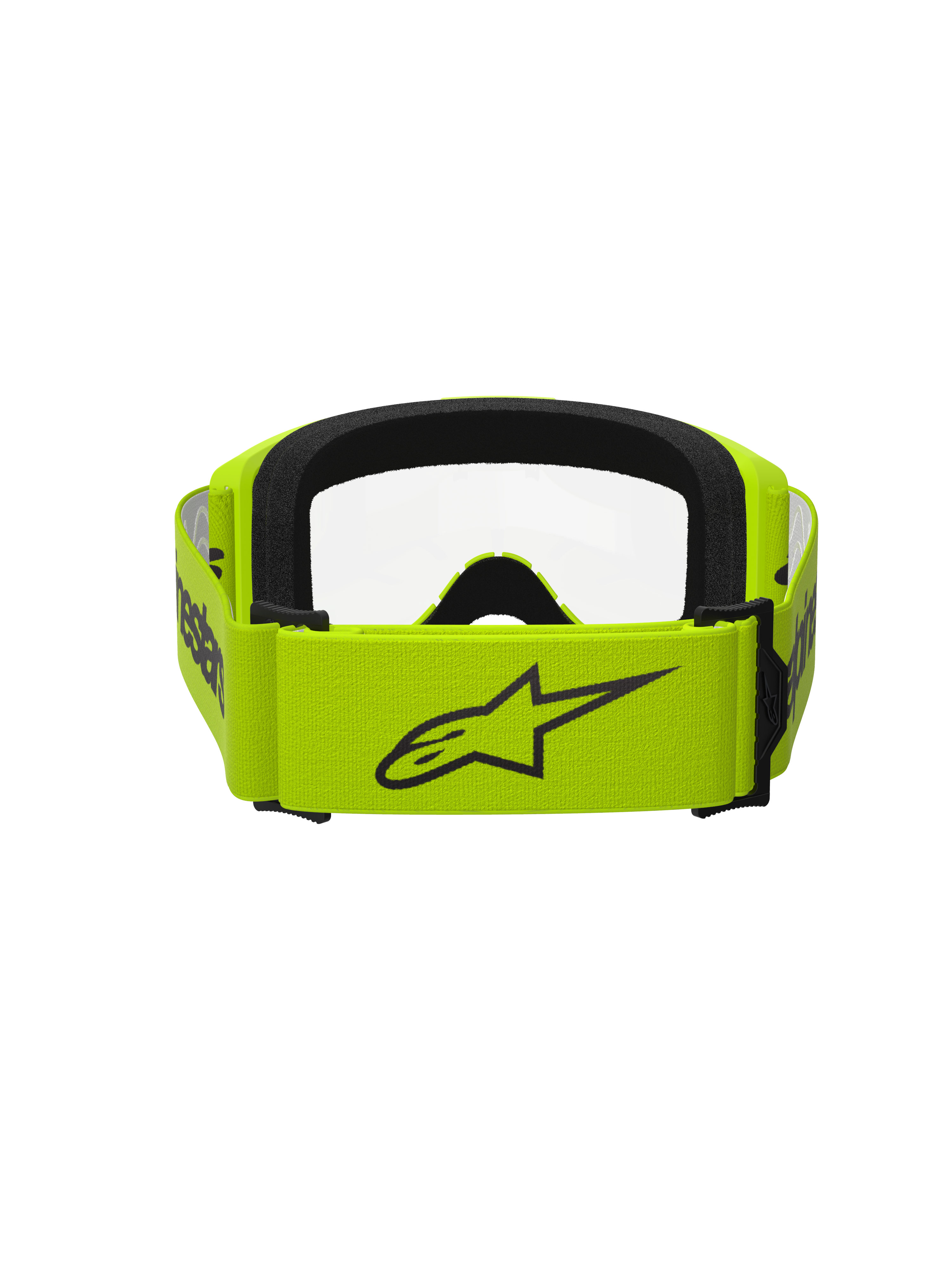 Alpinestars Vision 3 Wordmark Goggles, occhiali da motocross, Giallo Fluo con lente trasparente, vista posteriore con ampia fascia gialla e logo Alpinestars nero, interno in schiuma nera, design resistente per corse off-road