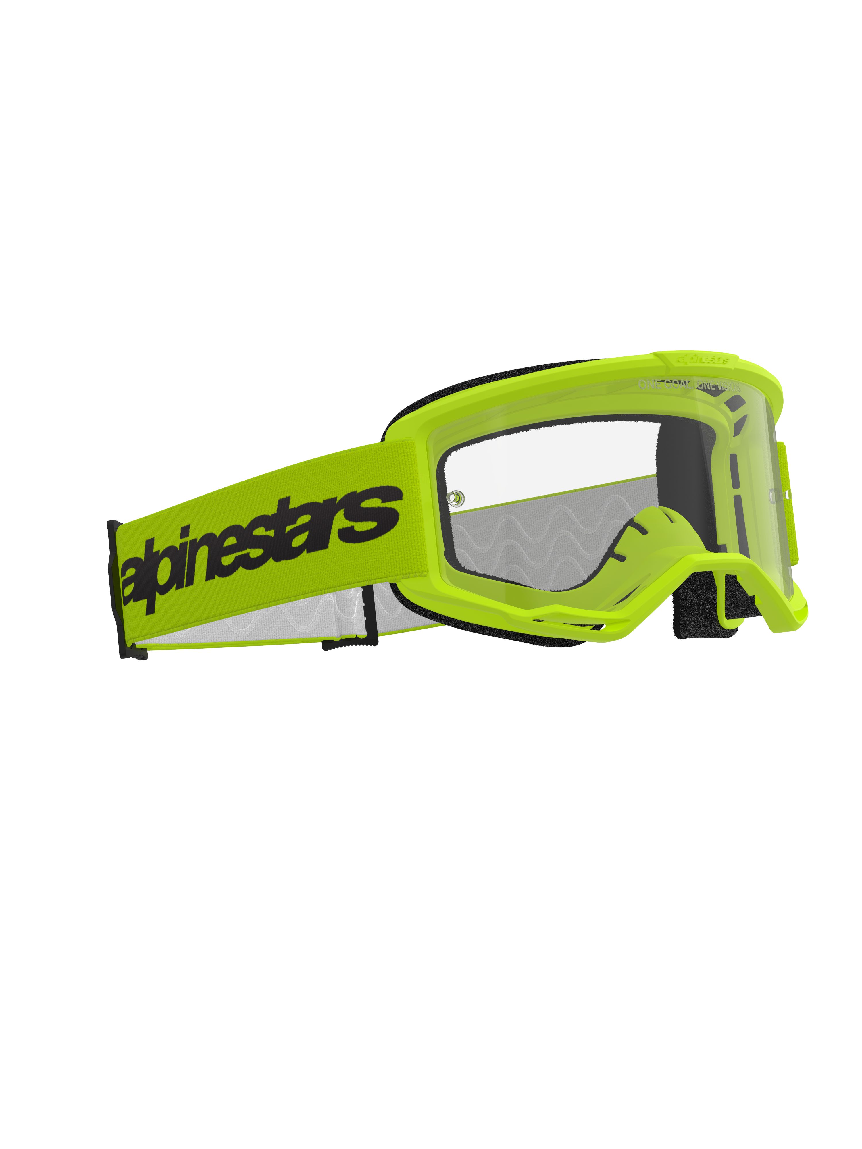 Alpinestars Vision 3 Wordmark Goggles, occhiali da motocross, giallo fluo con lente trasparente, ampia fascia giallo fluo con logo Alpinestars nero, telaio leggero A-FLEX con ventilazione RAM-AIR, protezione oculare ad alte prestazioni per il fuoristrada