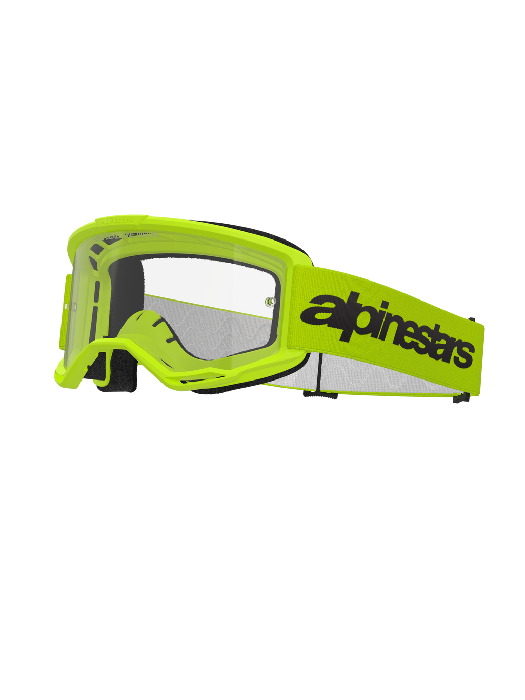 Alpinestars Vision 3 Wordmark Goggles, occhiali da motocross, giallo fluo e nero, lente trasparente, ampia fascia gialla con logo wordmark nero, imbottitura in schiuma nera, occhiali per corse fuoristrada